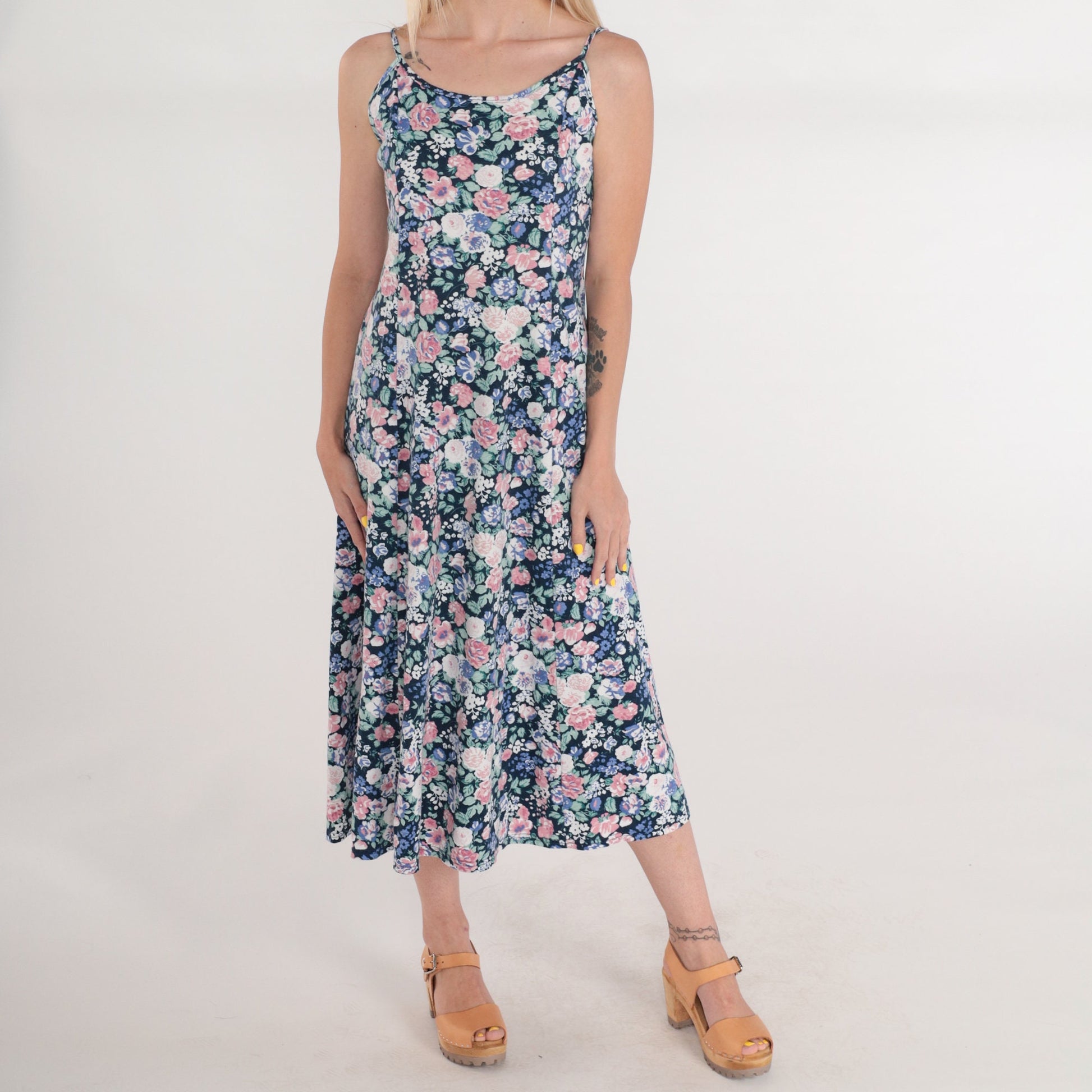 90s Navy Floral Midi Sundress Sleeveless Empire Waist Spaghetti Strap Medium M