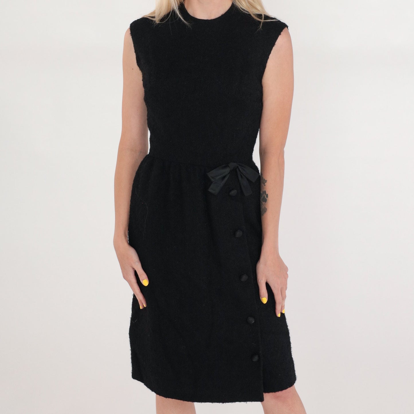 60s Black Wool Sheath Dress Sleeveless Bow Waist Knee Length XS