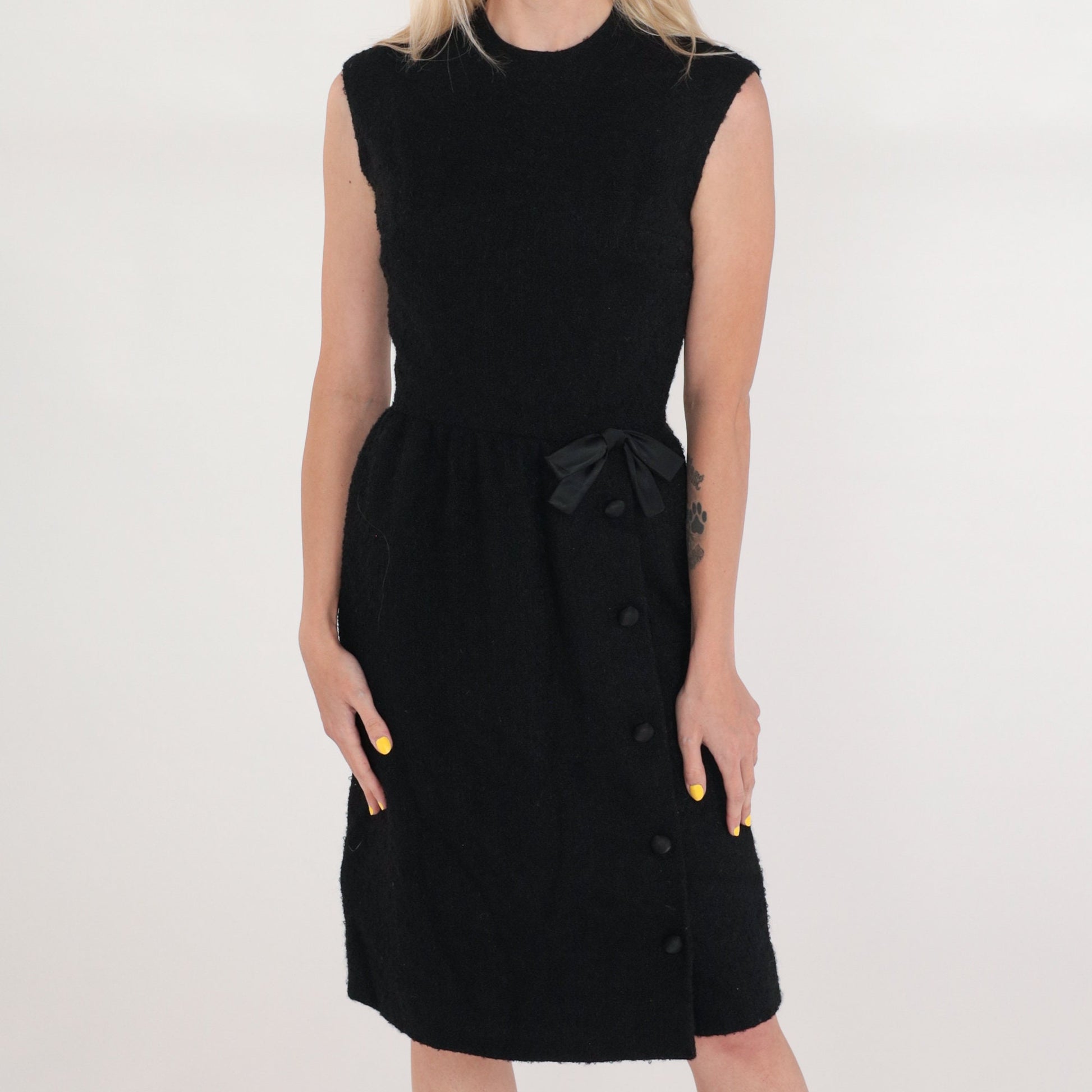 60s Black Wool Sheath Dress Sleeveless Bow Waist Knee Length XS