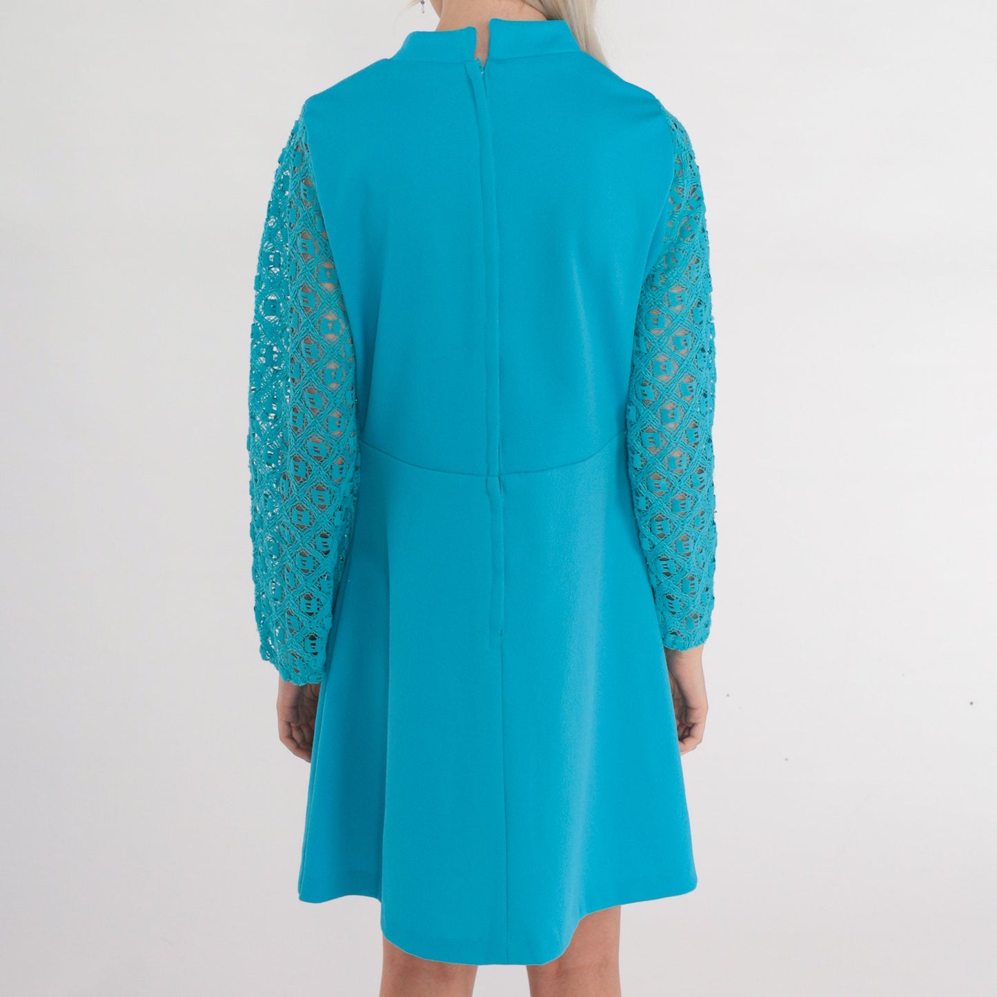 70s Blue Mini Dress Lace Sleeve Empire Waist Shift Dress Medium