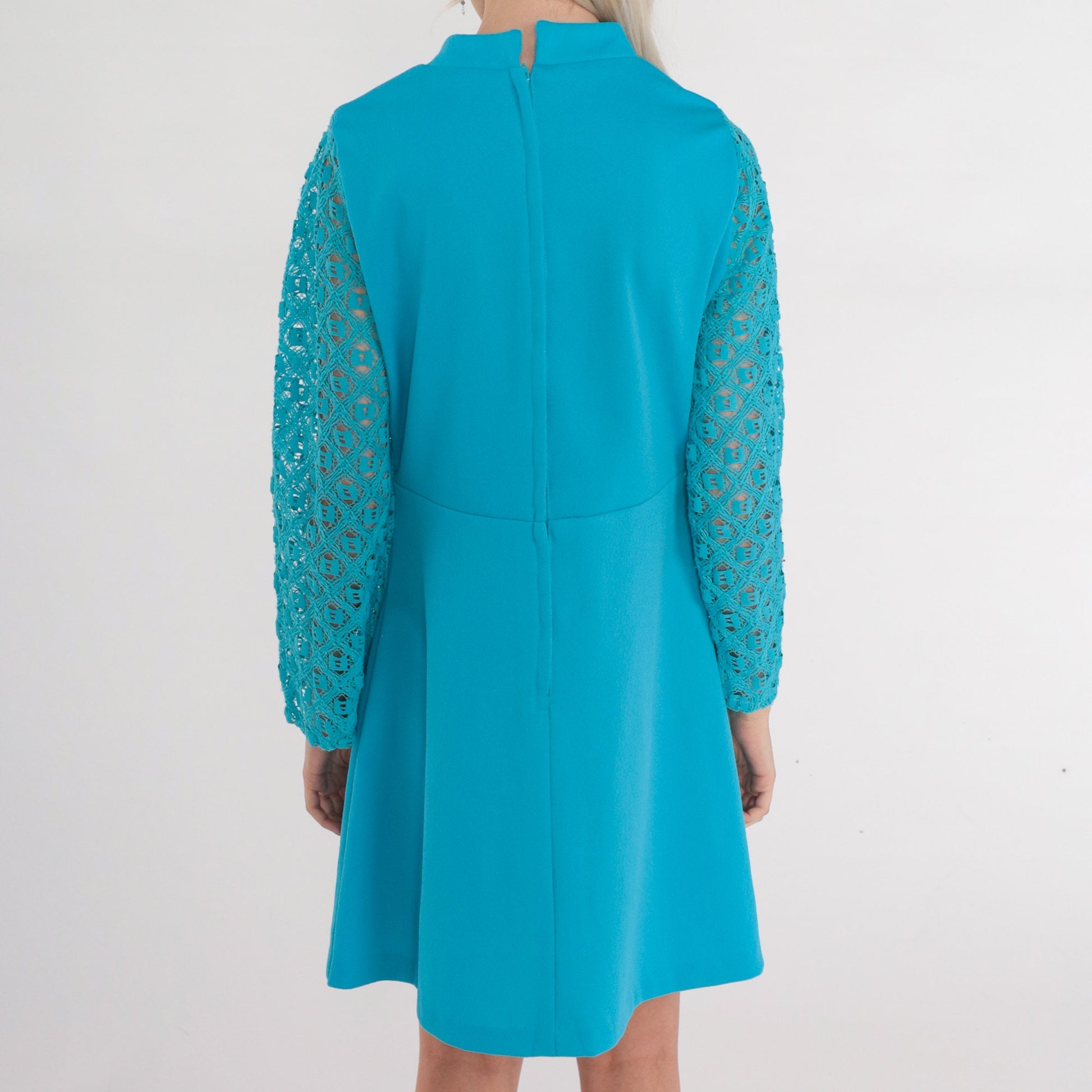 70s Blue Mini Dress Lace Sleeve Empire Waist Shift Dress Medium