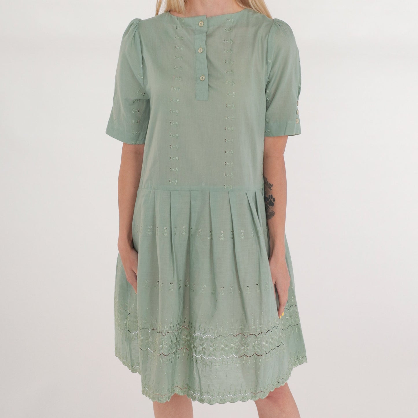 Y2K Green Floral Embroidered Mini Dress Puff Sleeve Criss Cross Back Small