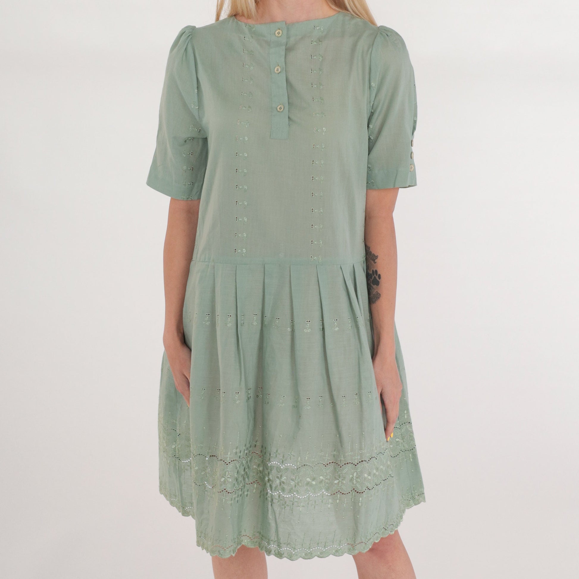 Y2K Green Floral Embroidered Mini Dress Puff Sleeve Criss Cross Back Small