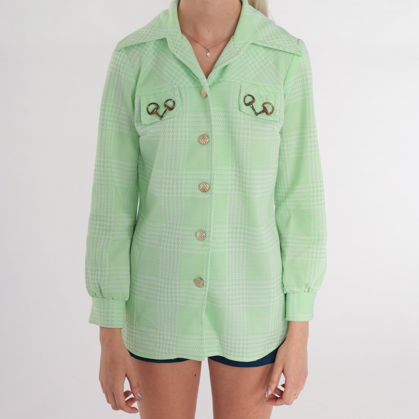 70s Green Checkered Button-Up Blouse Dagger Collar Gold Buckle Small