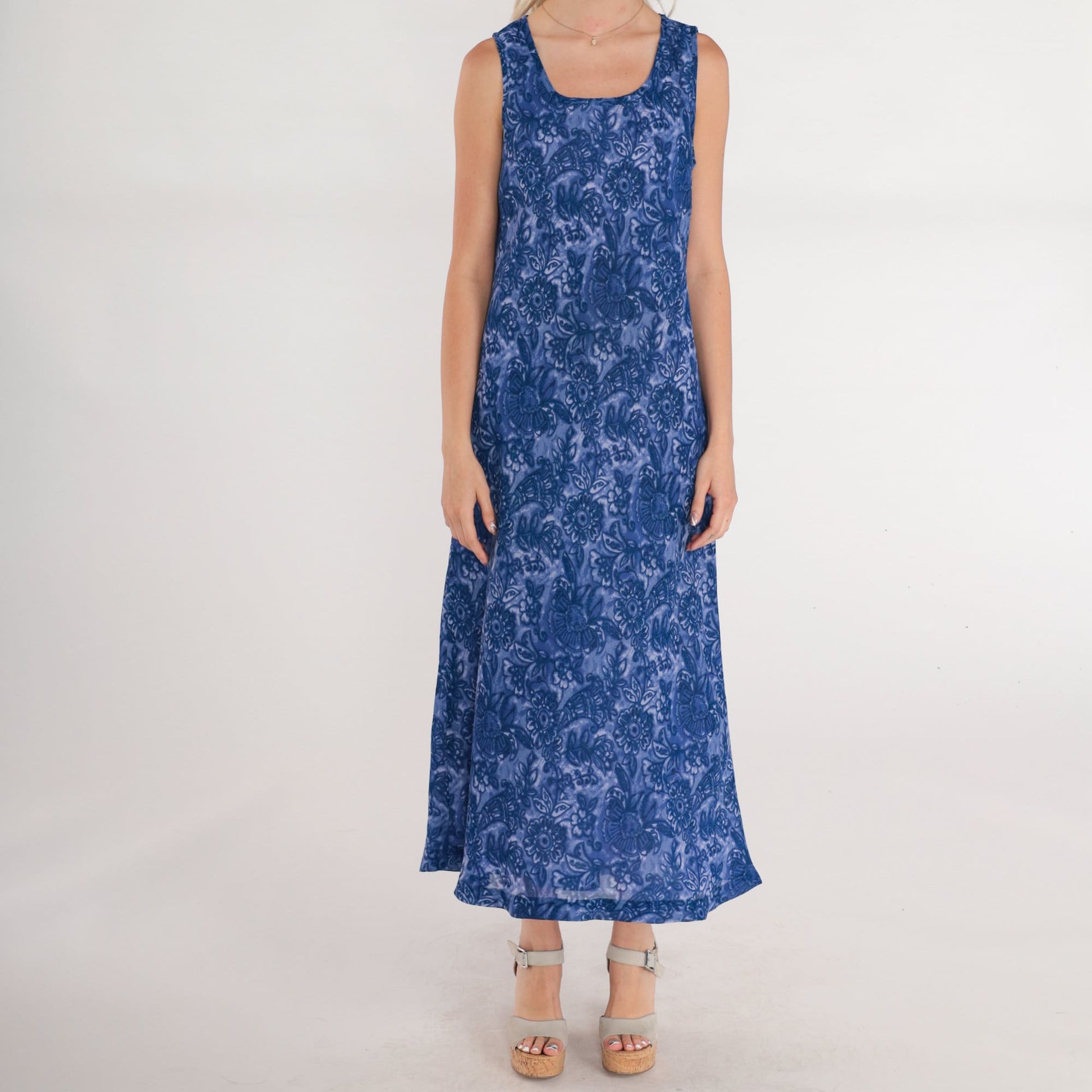 90s Floral Maxi Dress Purple Blue Sleeveless Scoop Neck Tank Medium