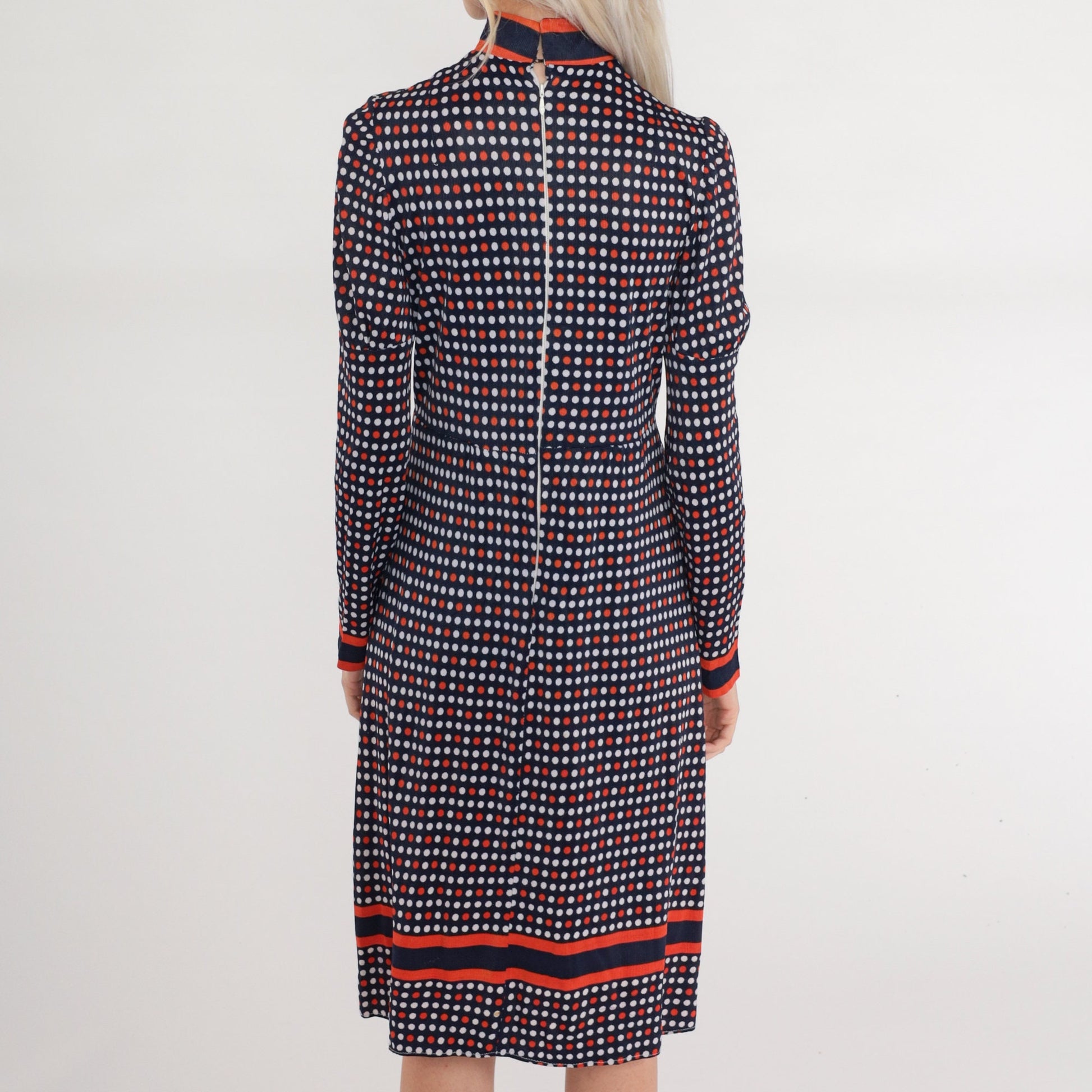 1960s Mod Polka Dot Dress Navy Blue Red White Puff Sleeve Mock Neck Small S