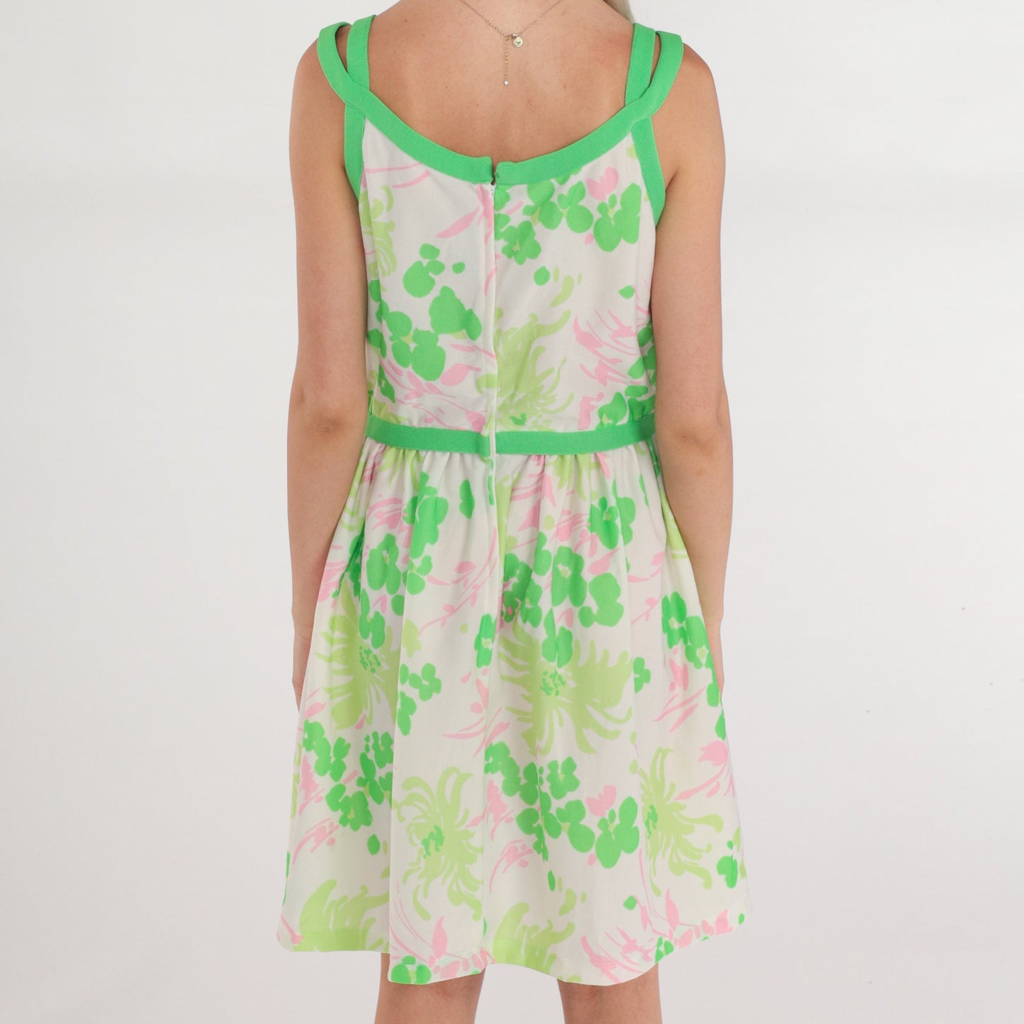 70s Floral Mini Dress White Green Pink Sleeveless High Waist Small