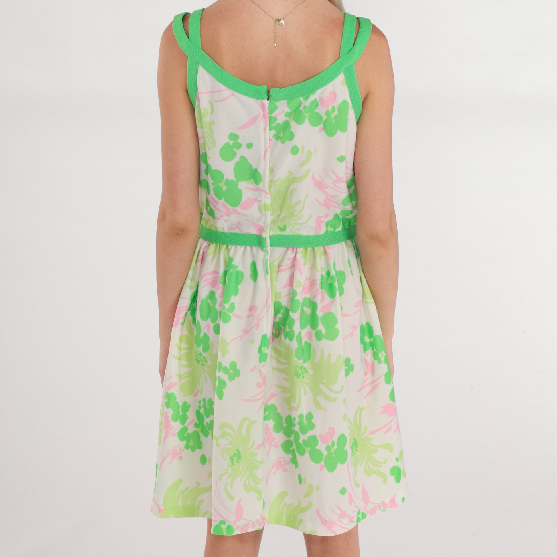 70s Floral Mini Dress White Green Pink Sleeveless High Waist Small