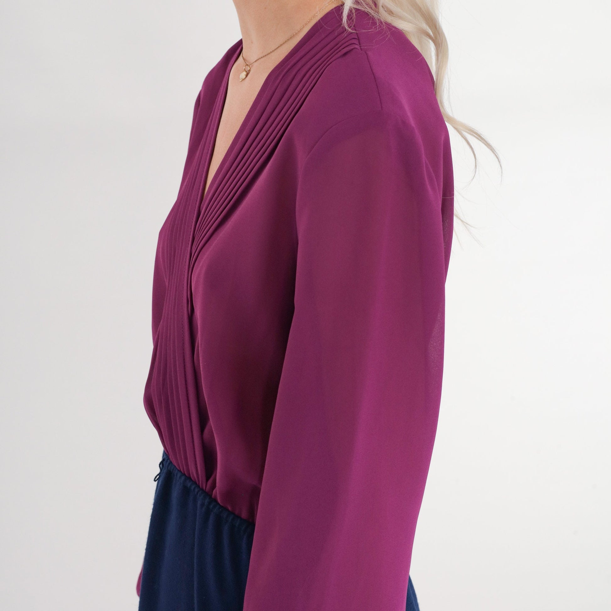 70s Secretary Dress Purple Navy Mini Faux Wrap V-Neck Long Sleeve Extra Small XS