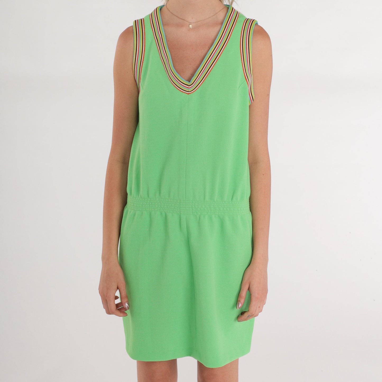 70s Lime Green Striped Ringer Mini Dress Sleeveless V-Neck Small