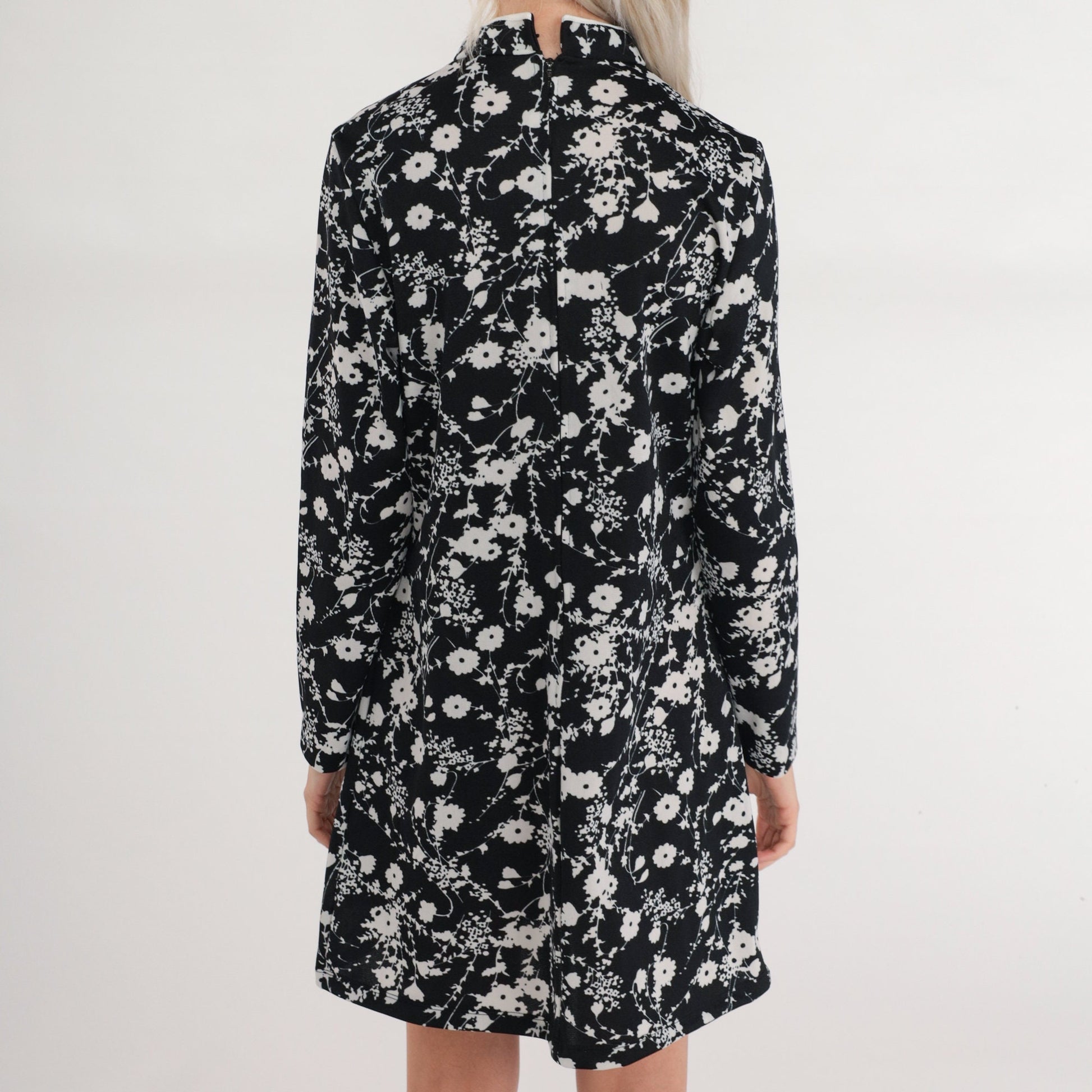 70s Black Floral Mini Dress Long Sleeve Mock Neck Keyhole Medium