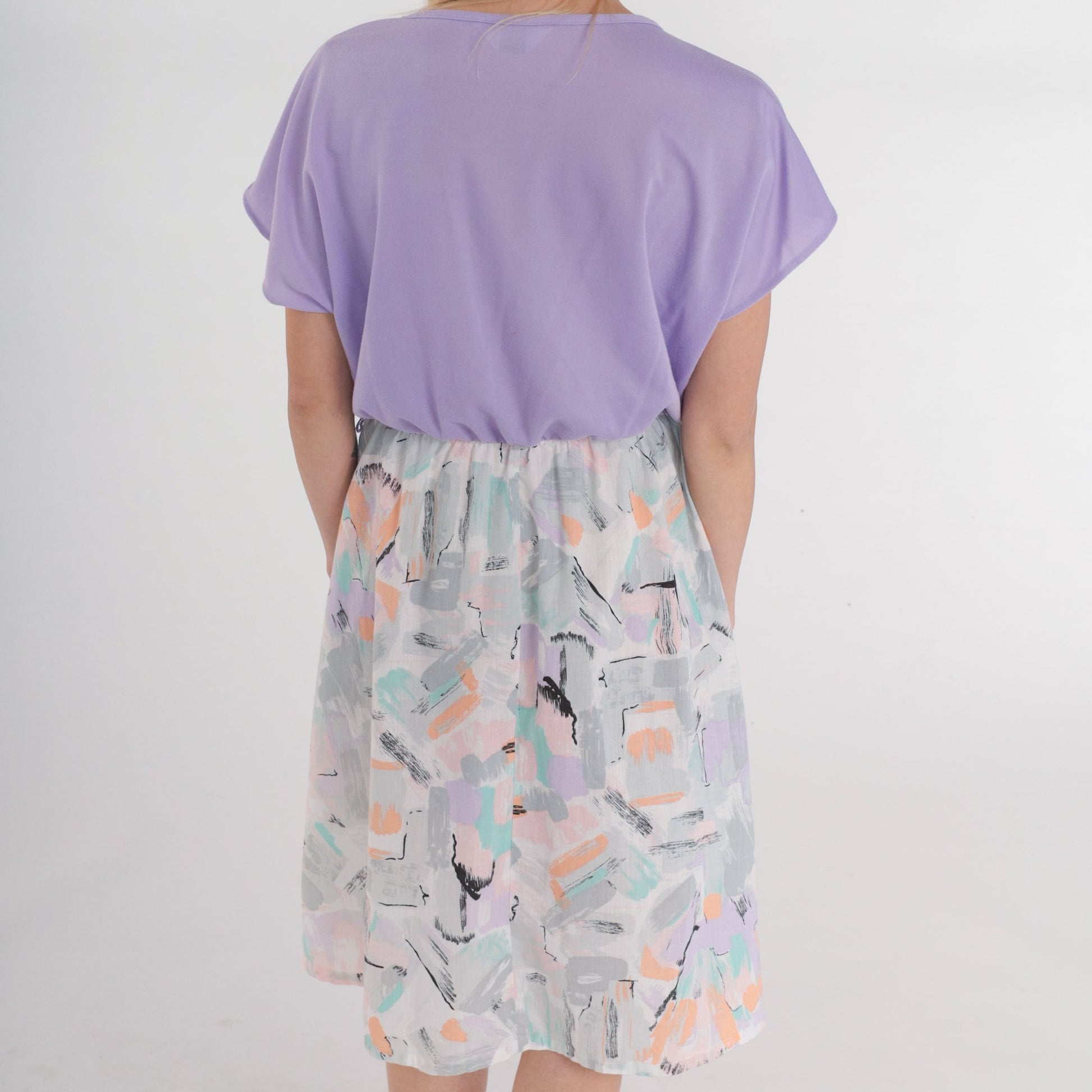 80s Purple Midi Dress Abstract Brushstroke Print High Waist Short Sleeve Medium