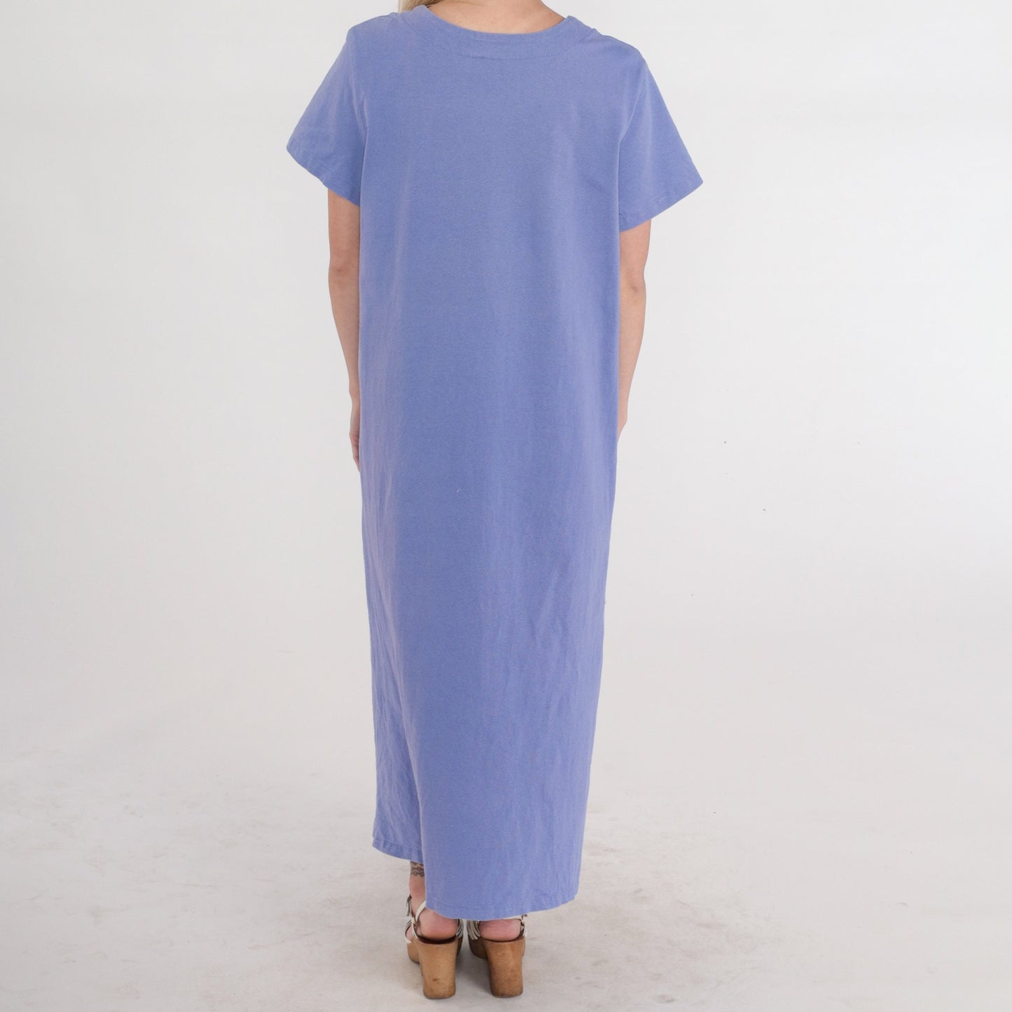 90s Purple Butterfly Bamboo Leaf Midi Dress Glitter Print Short Sleeve Large L