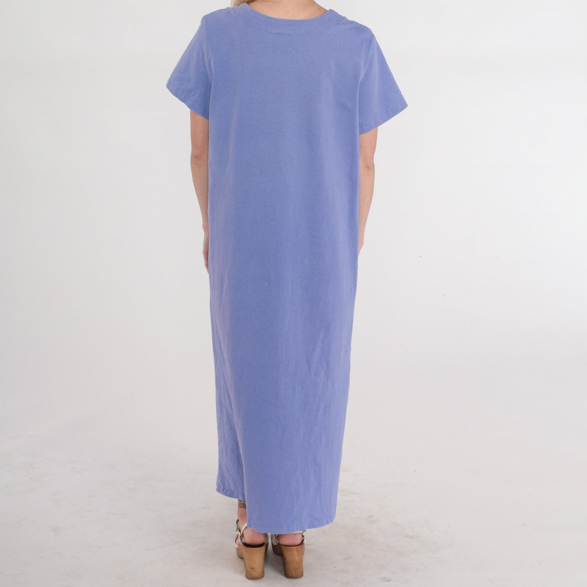 90s Purple Butterfly Bamboo Leaf Midi Dress Glitter Print Short Sleeve Large L