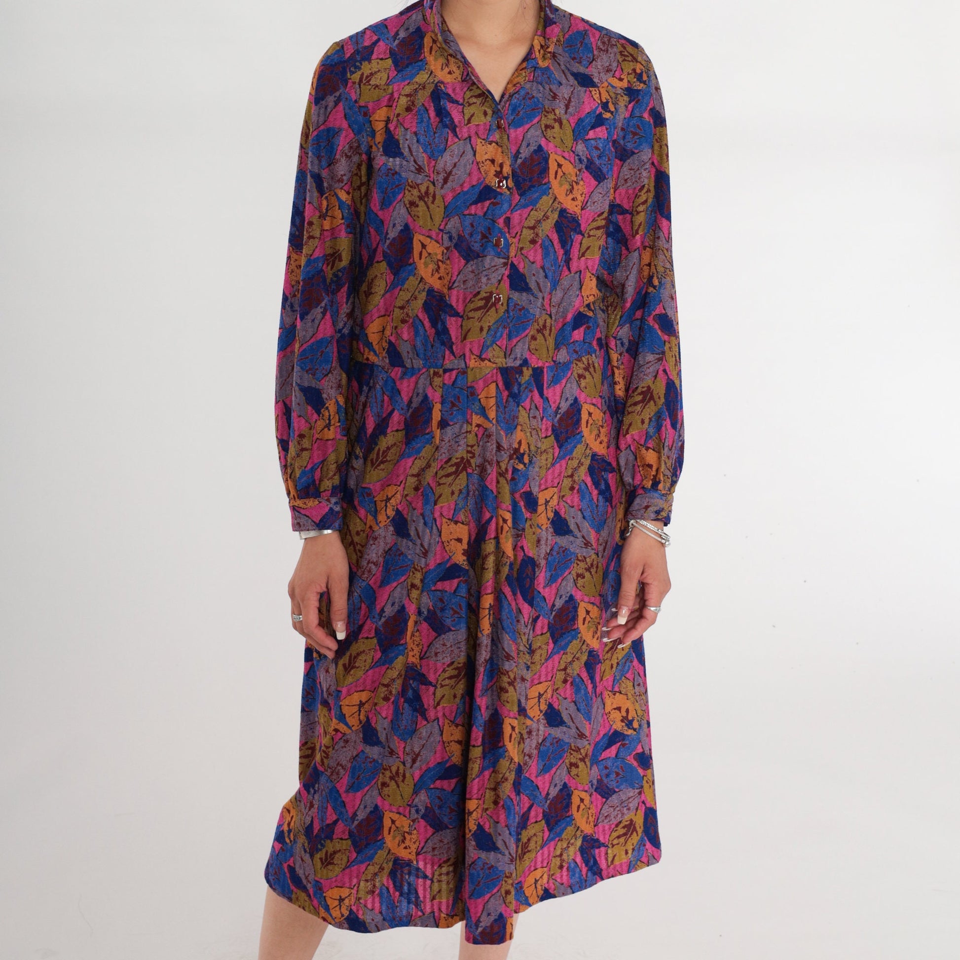 90s Leaf Print Midi Shirtwaist Dress Collared Button-Up Pink Blue Green Medium