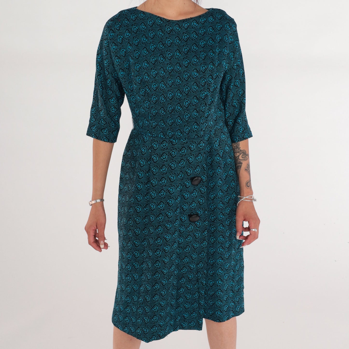 60s Blue Floral Rose Print Wool Blend Midi Dress High Waisted Small