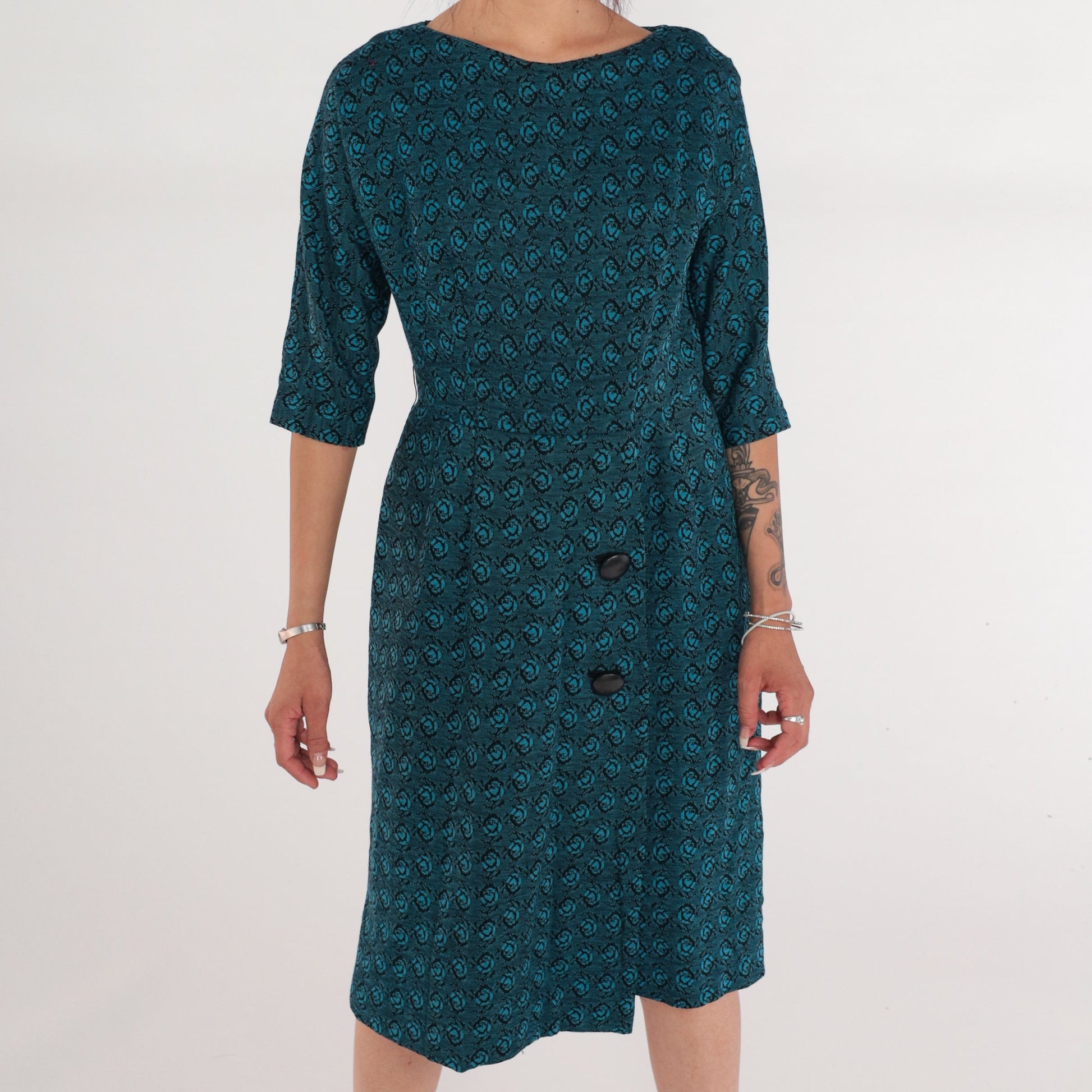 60s Blue Floral Rose Print Wool Blend Midi Dress High Waisted Small