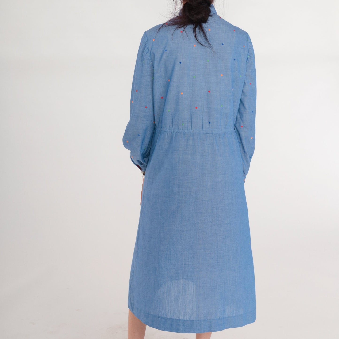 70s Blue Chambray Polka Dot Midi Dress Peter Pan Collar High Waisted Medium Large