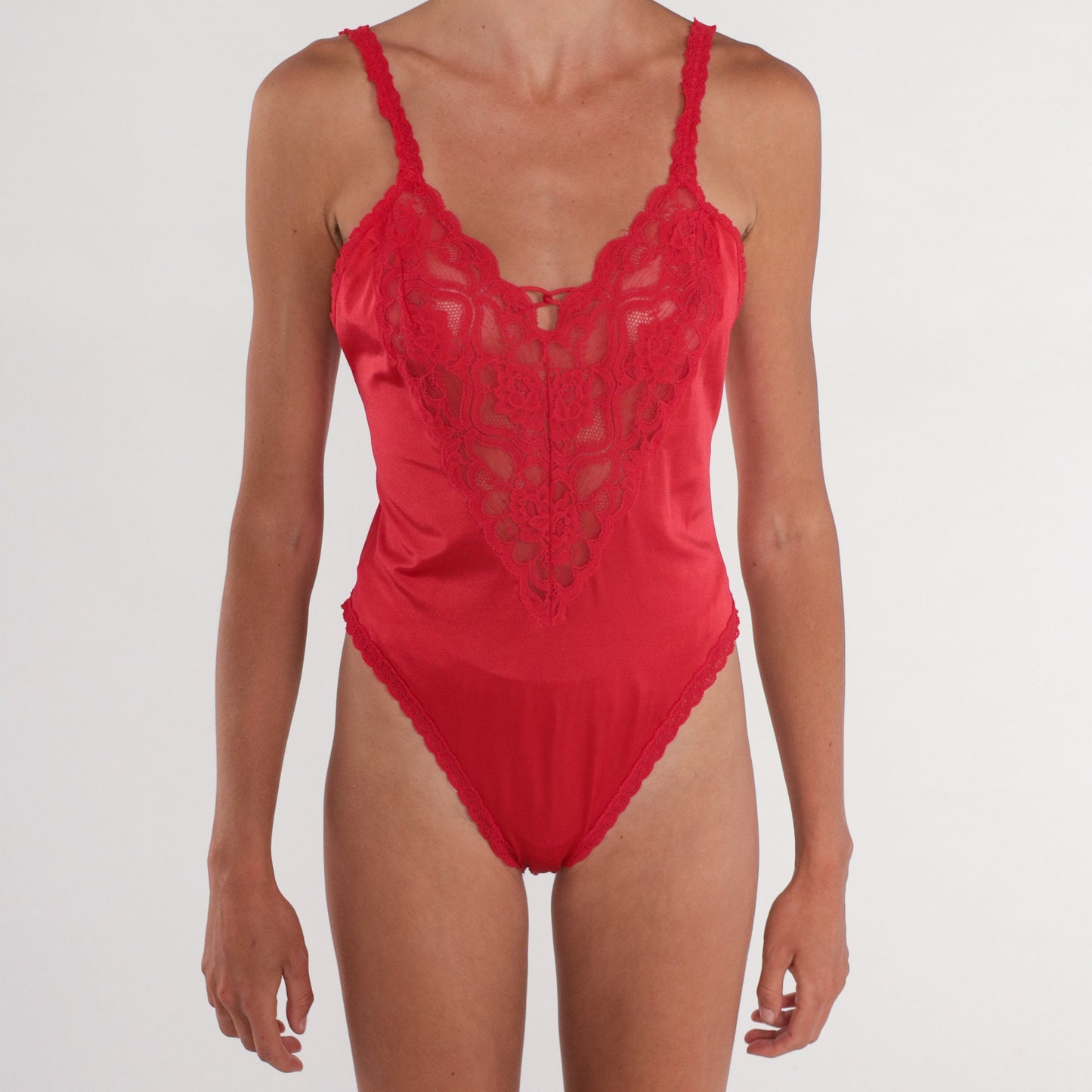 70s Vanity Fair Red Lace Bodysuit Sleeveless Leotard Small