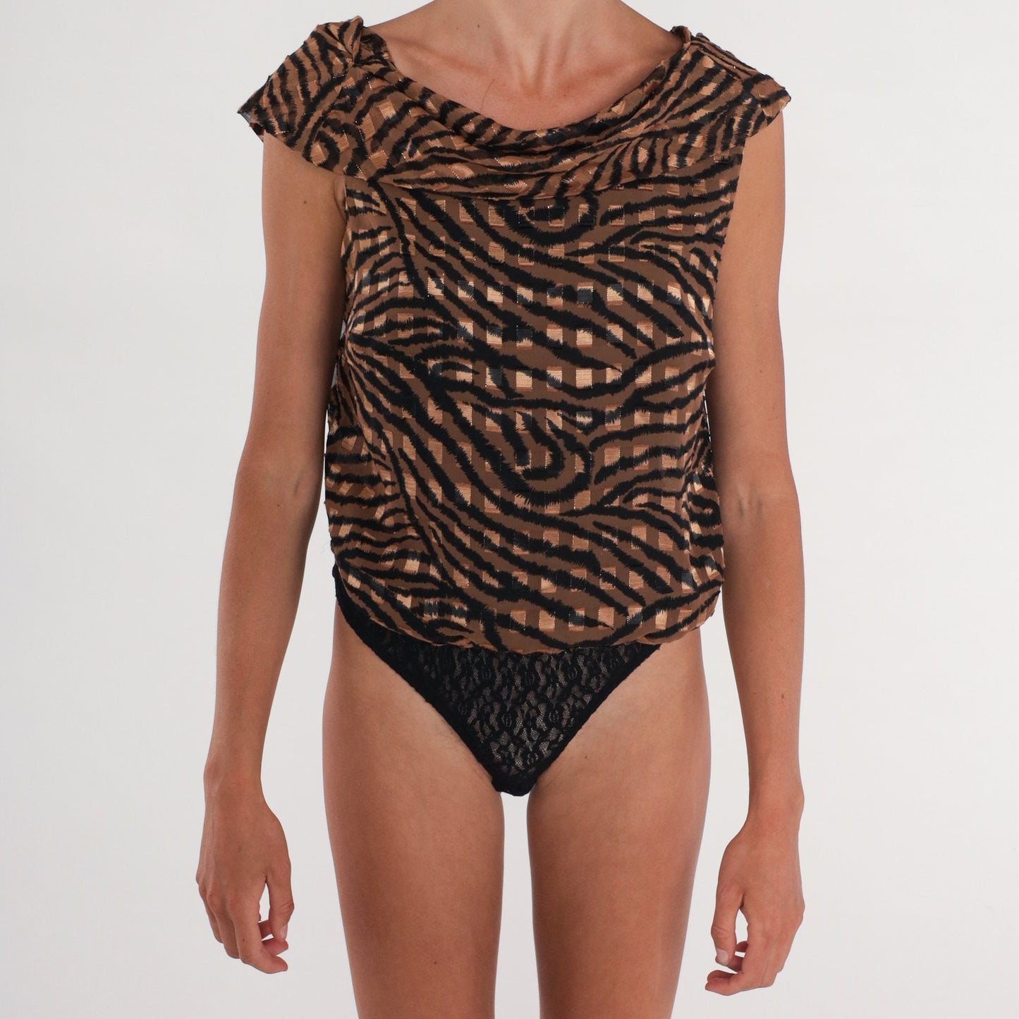 90s Checkered Tiger Print Bodysuit Cowl Neck Short Sleeve Medium M