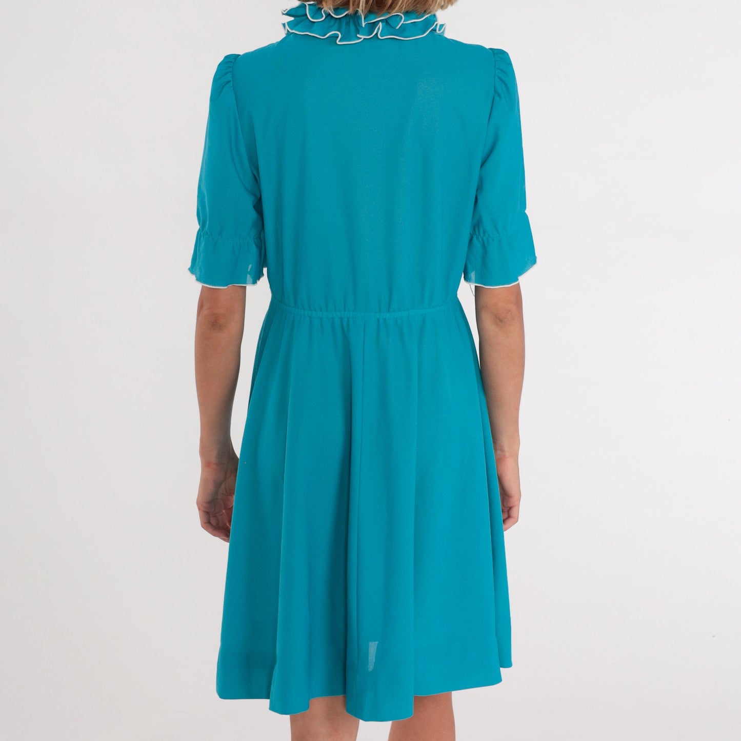 70s Teal Shirtwaist Mini Dress High Ruffle Collar Button-Up Medium M