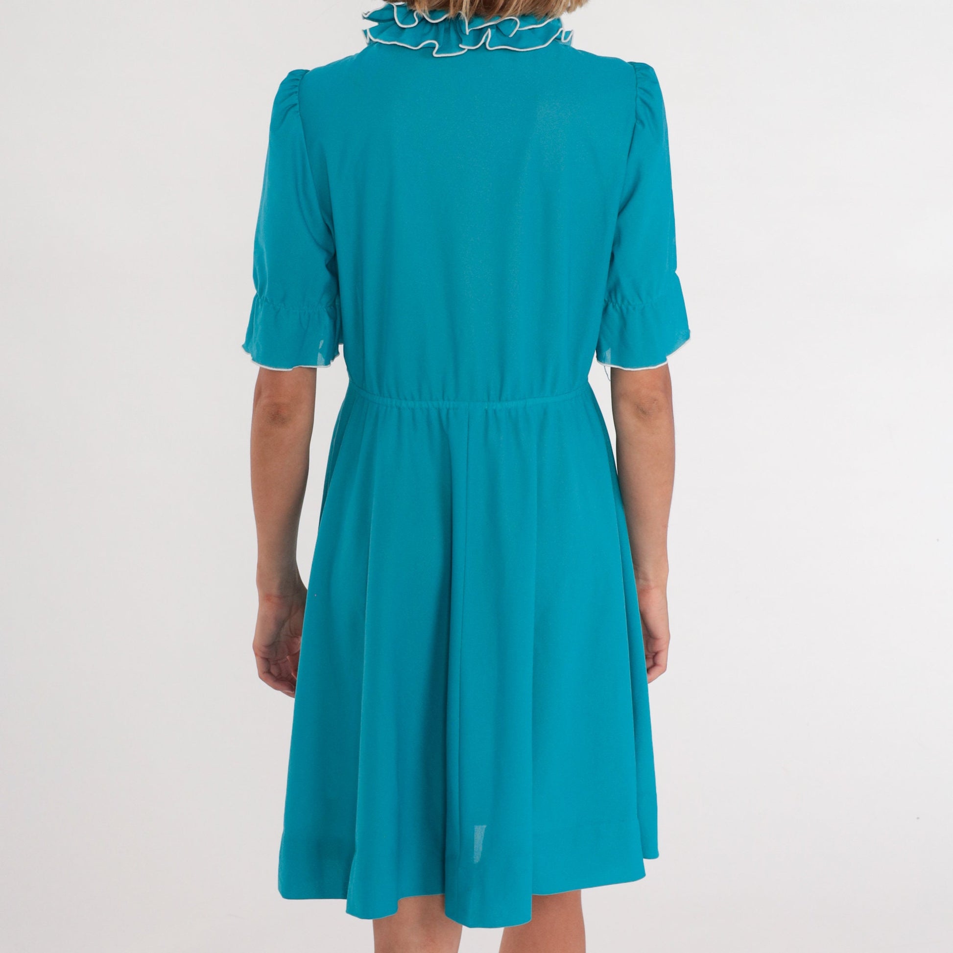 70s Teal Shirtwaist Mini Dress High Ruffle Collar Button-Up Medium M