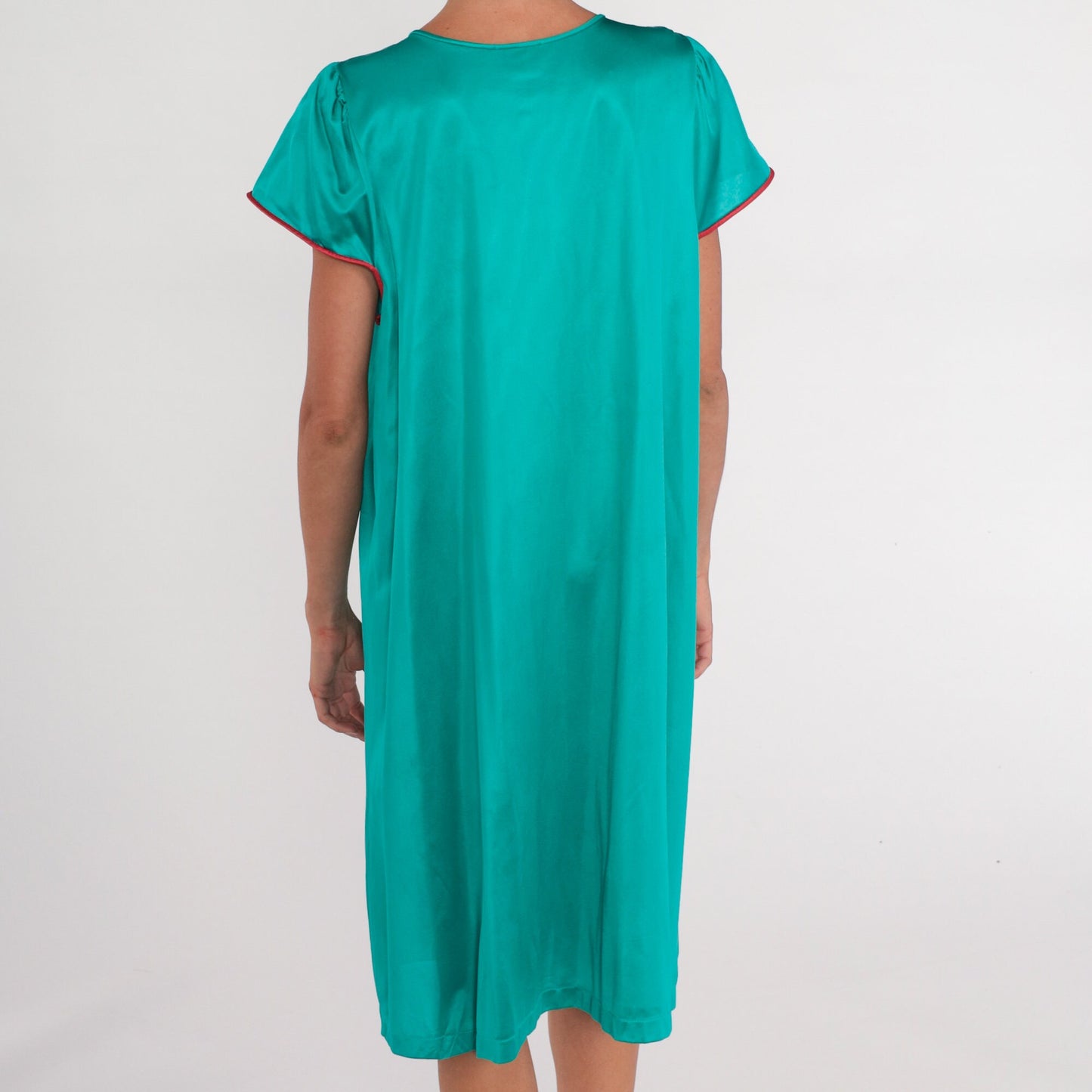80s Green Floral Embroidered Nightgown Tent Cut Midi Short Sleeve Large L