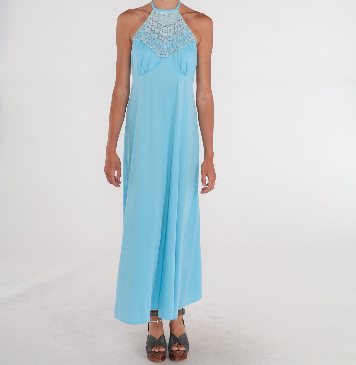 70s Blue Maxi Dress Halter Crochet Trim Open Back Empire Waist Small