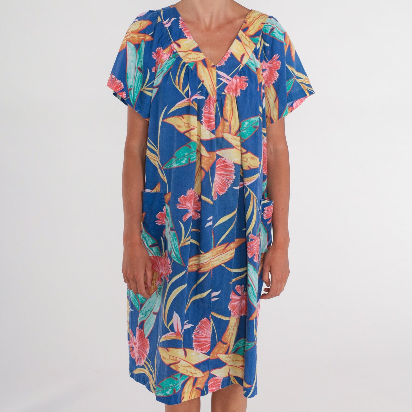 80s Hawaiian Tent Dress Blue Tropical Floral Midi Short Sleeve Extra Large