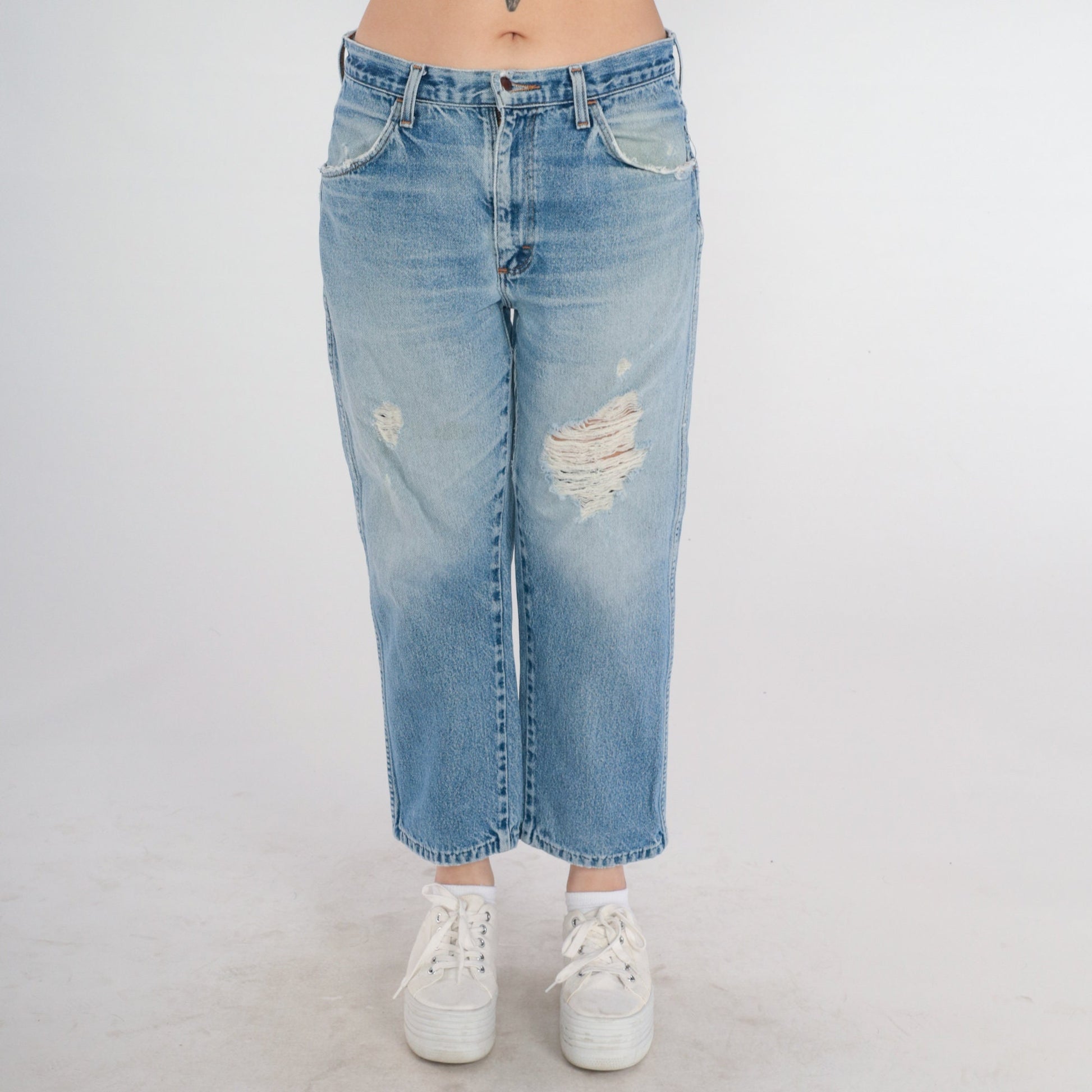 90s Rustler Ripped Blue Denim Jeans Mid Rise Straight Ankle Large