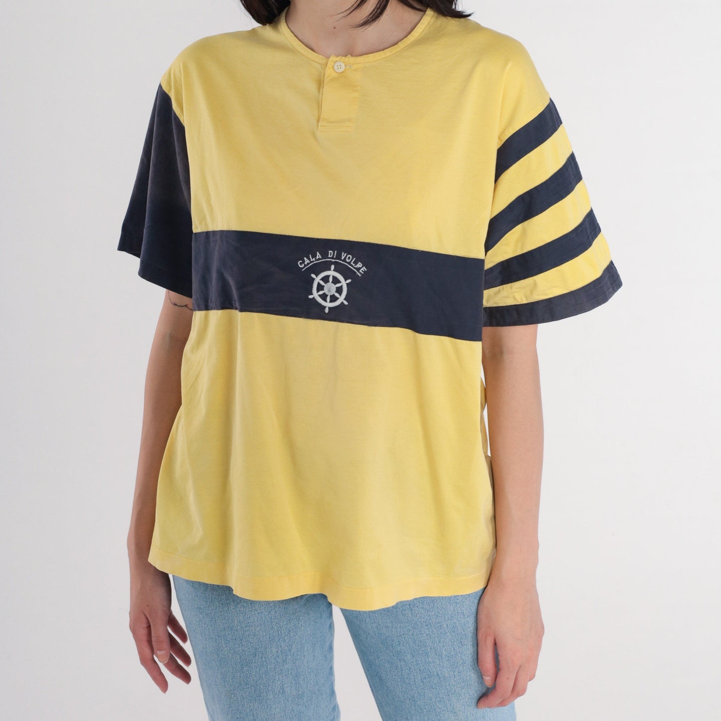 80s Cala Di Volpe Striped Henley Tee Yellow Navy Ships Helm Embroidered Large