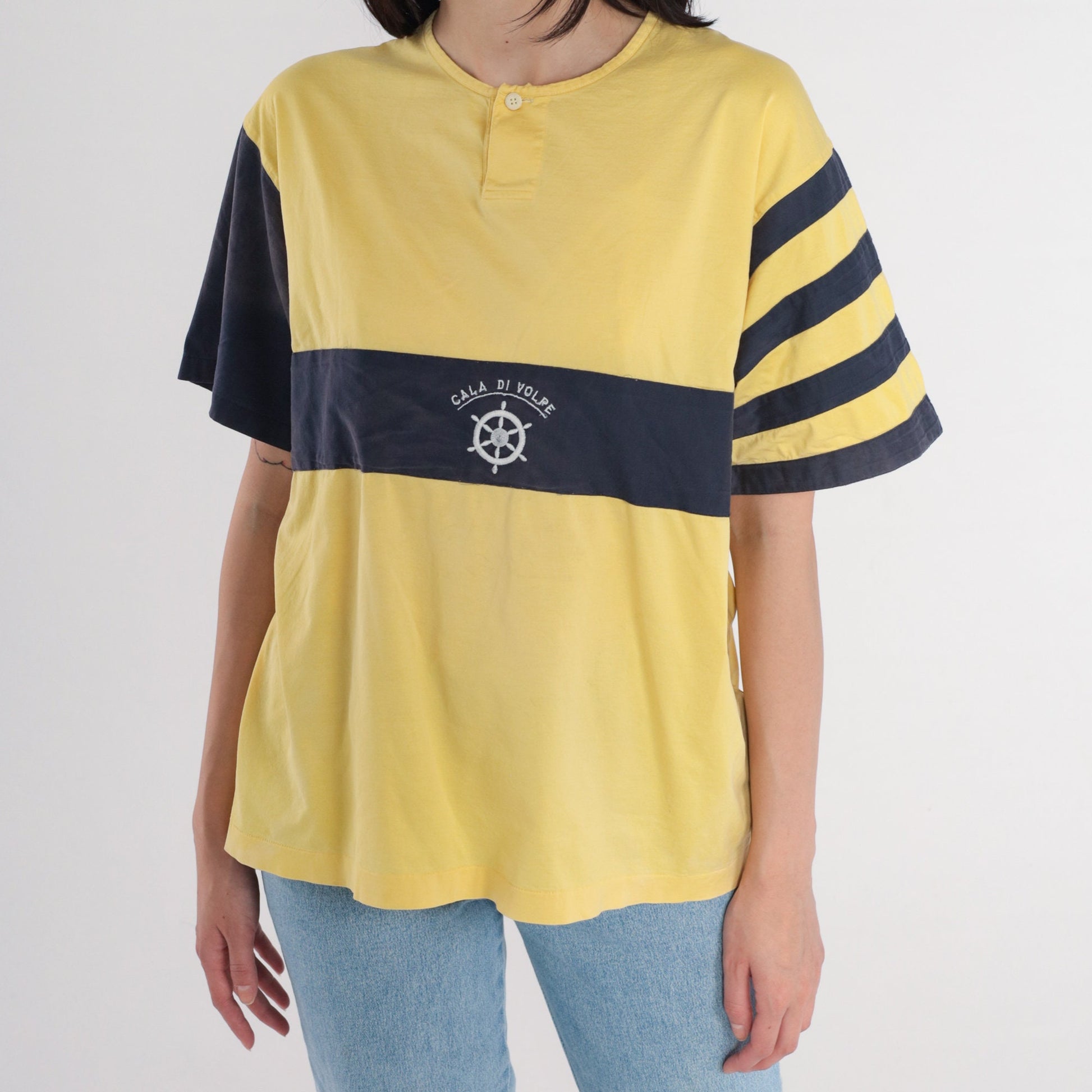 80s Cala Di Volpe Striped Henley Tee Yellow Navy Ships Helm Embroidered Large