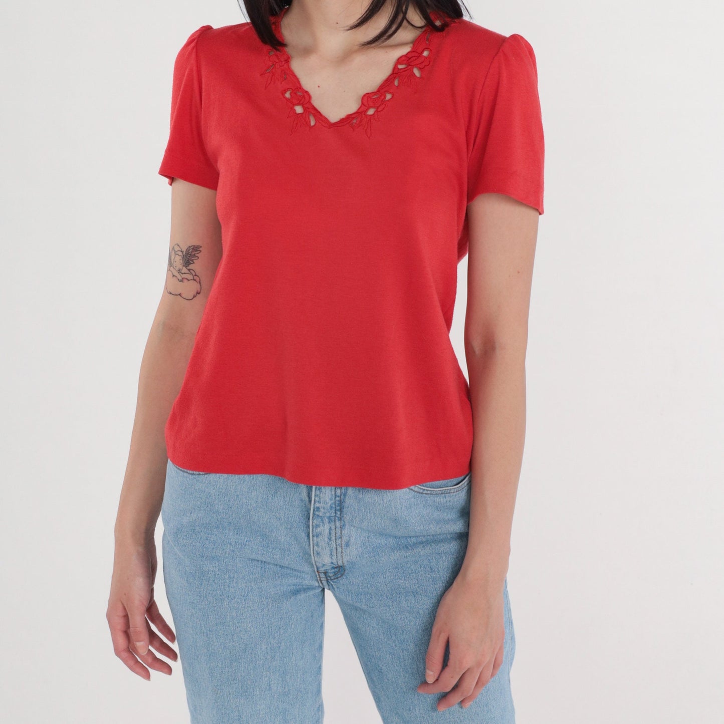 90s Red Floral Cutwork Blouse Puff Sleeve V-Neck Medium