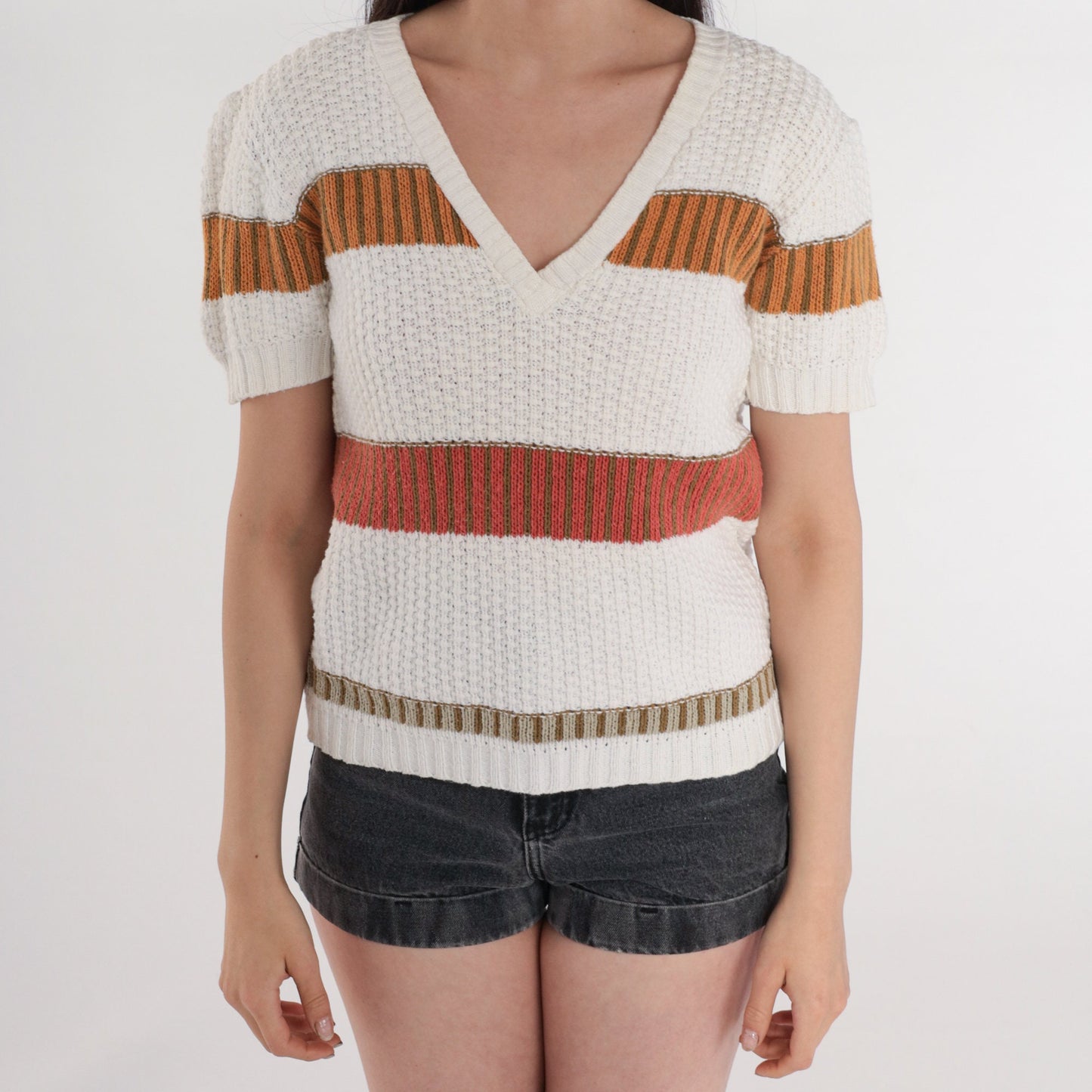 80s Striped V-Neck Knit Sweater Top White Red Orange Olive Small
