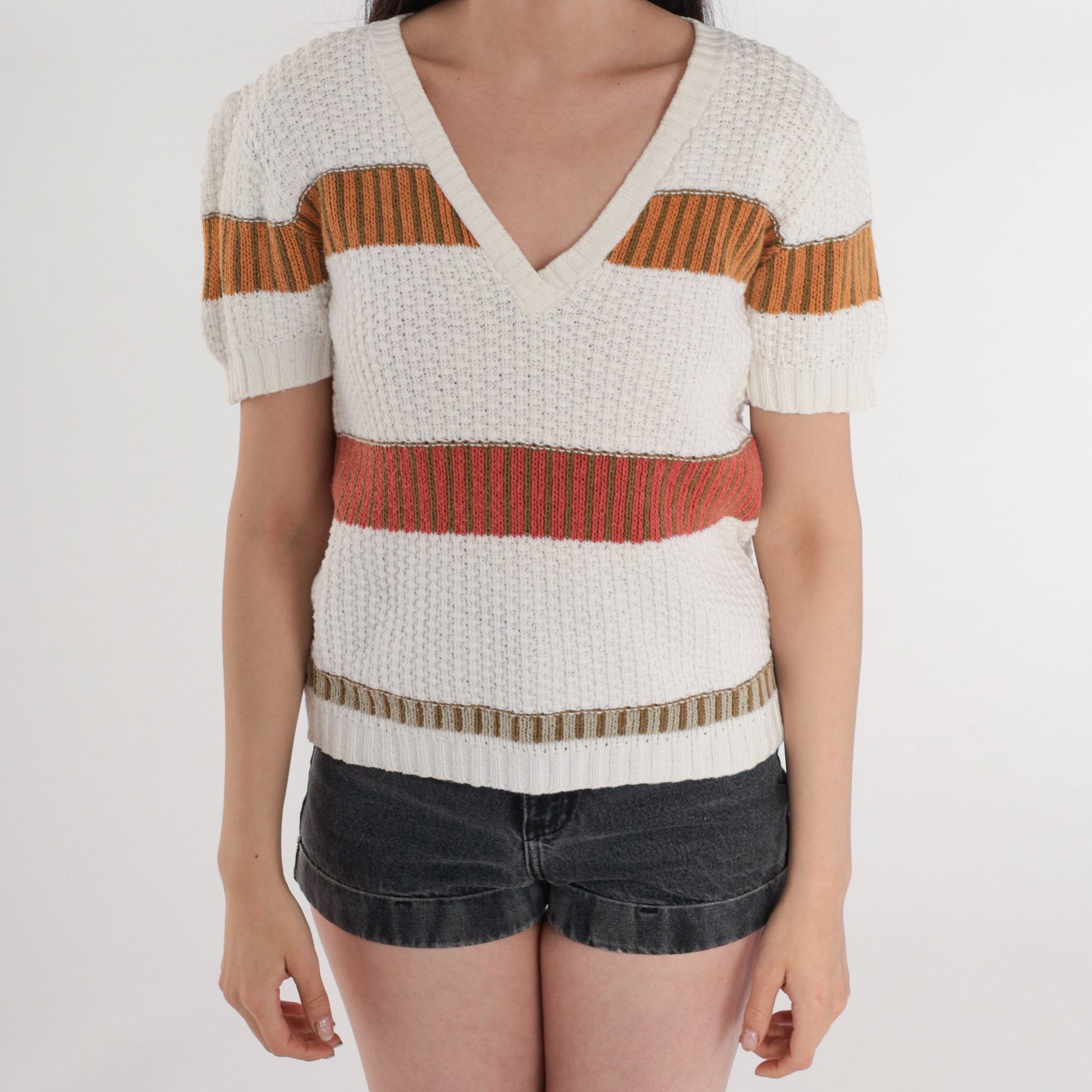 80s Striped V-Neck Knit Sweater Top White Red Orange Olive Small