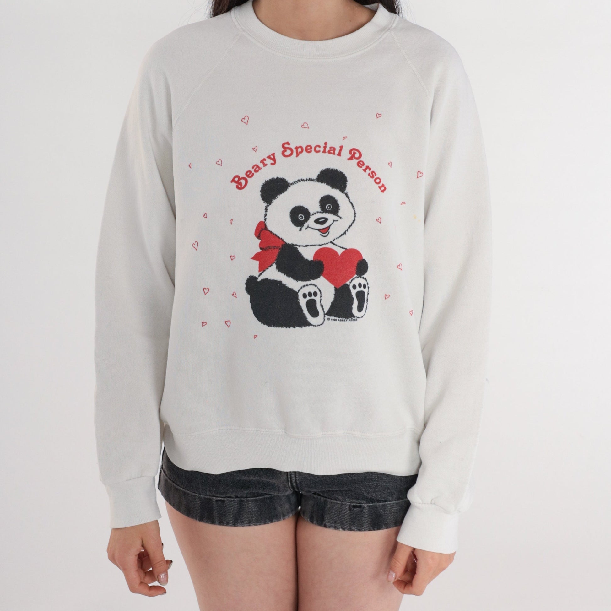 90s Panda Bear Heart Sweatshirt Lee Raglan Red White Medium