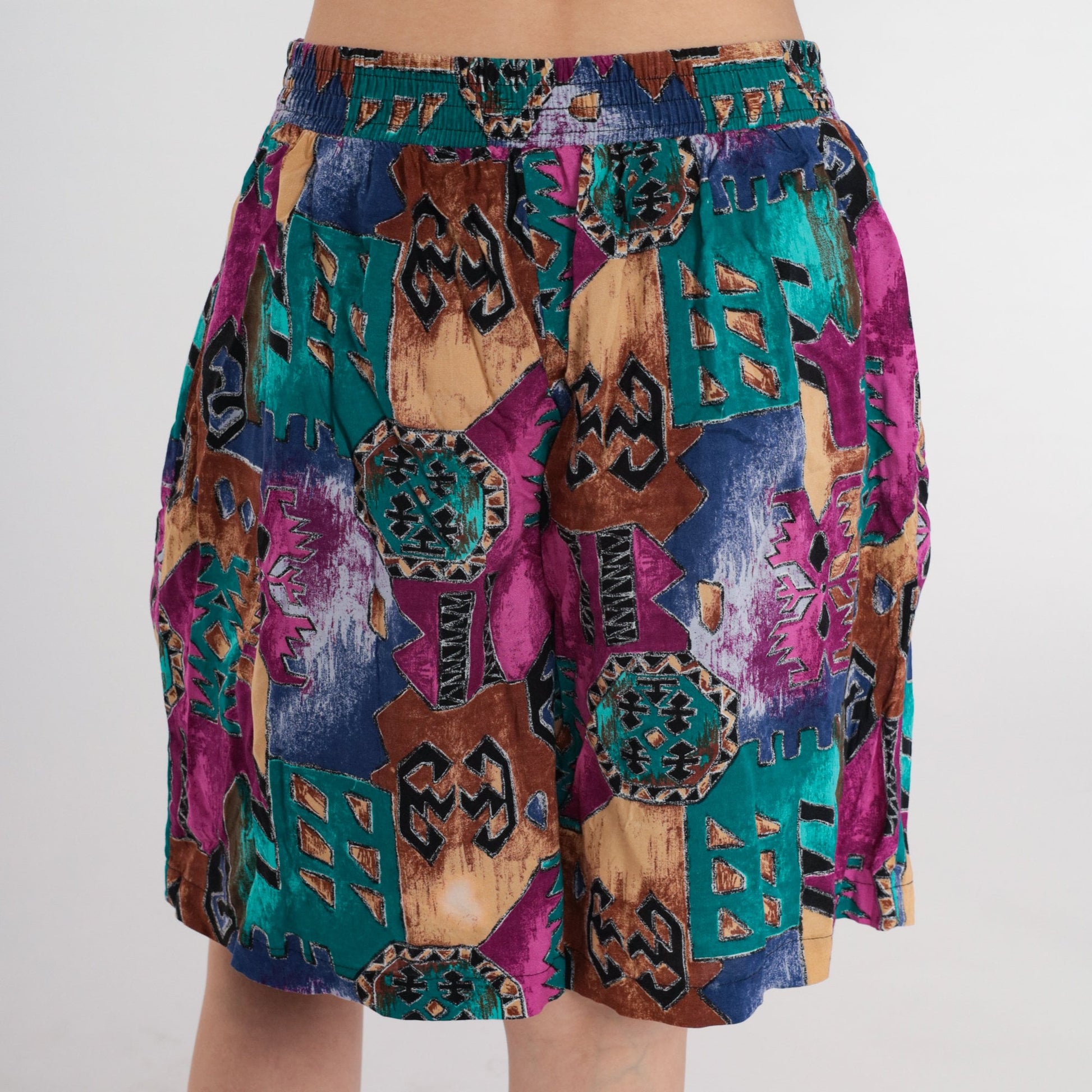 90s Abstract Geometric Print High-Waist Shorts Wide Leg Pink Green Medium Large