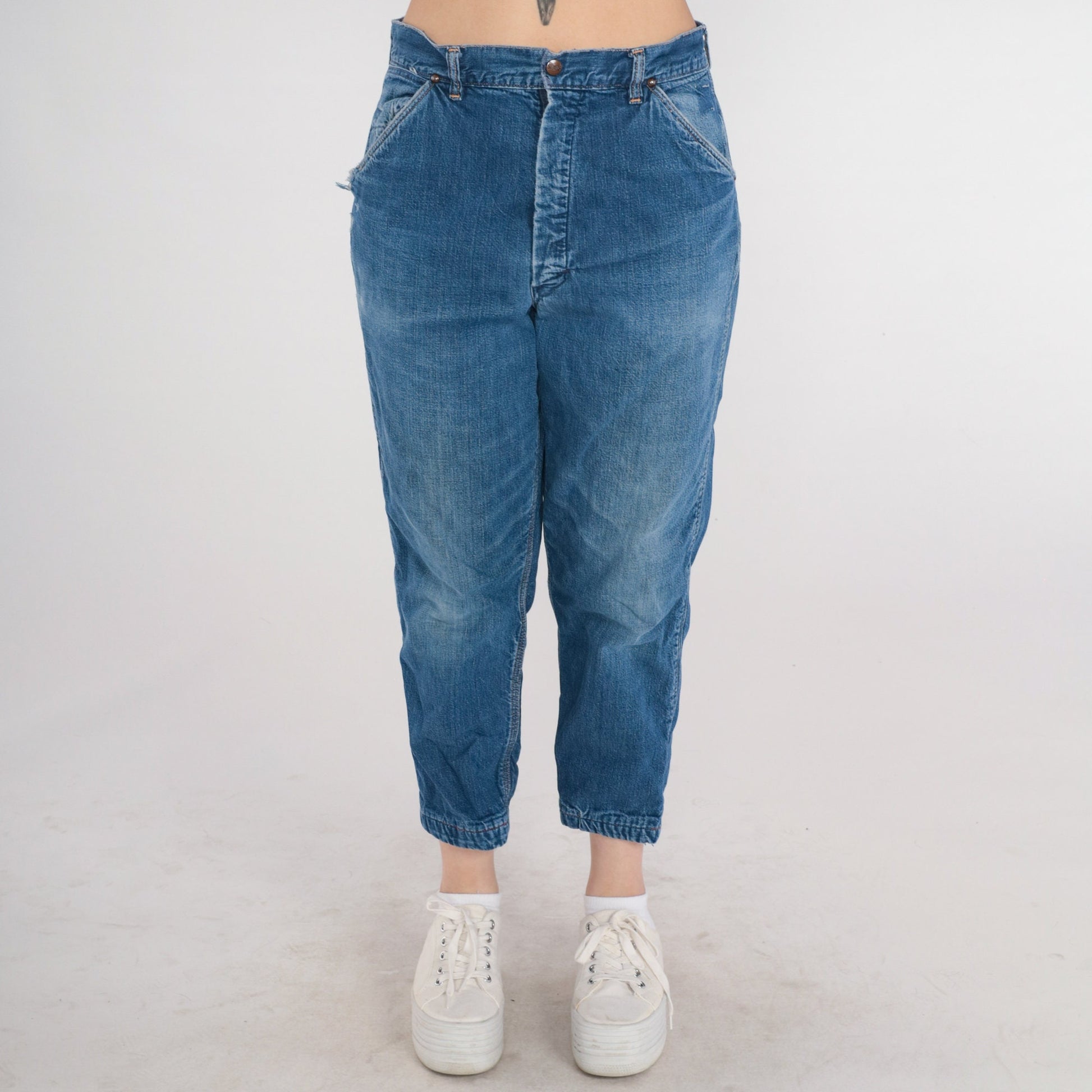 70s High Waist Tapered Ankle Jeans Blue Denim Elastic Cuff Medium M
