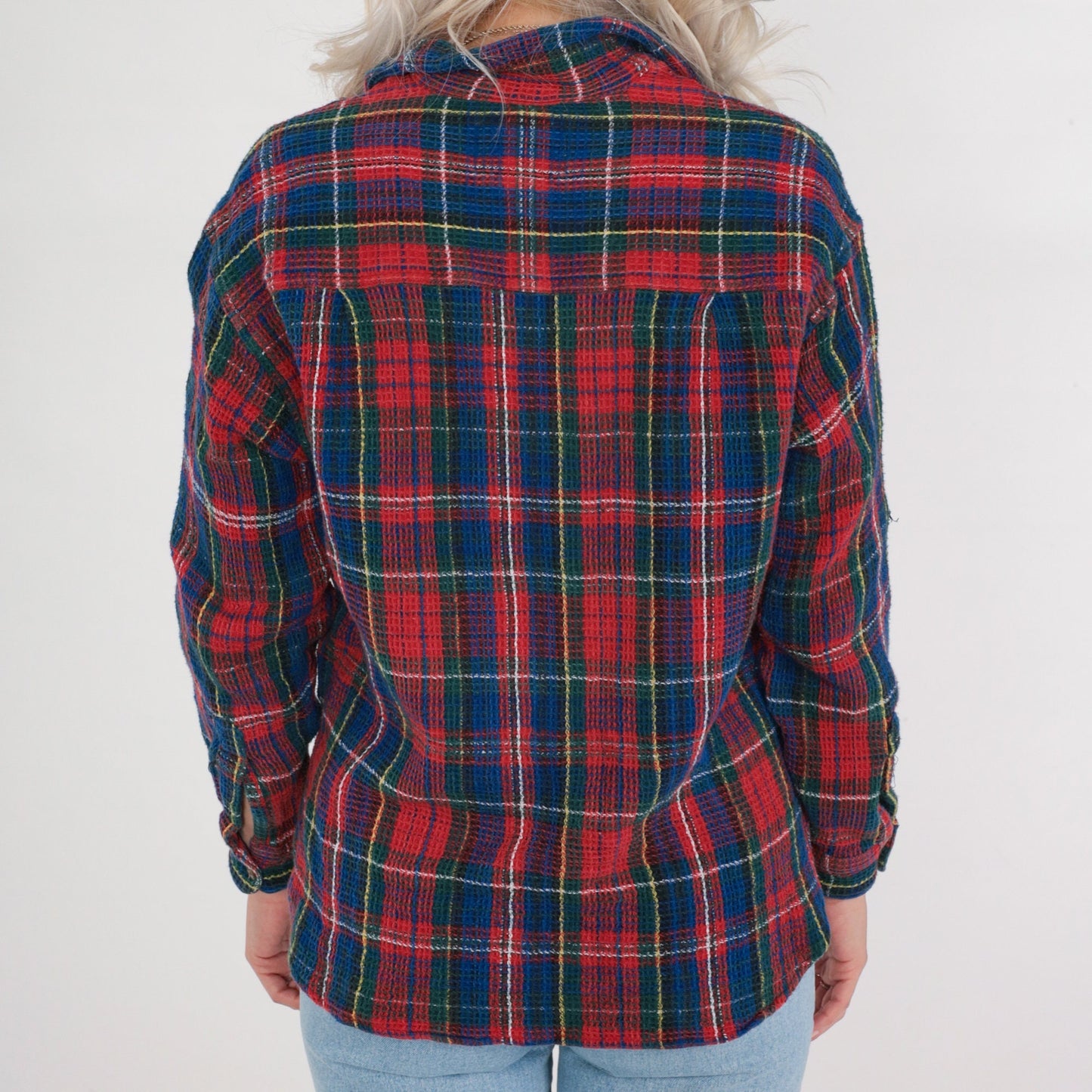 90s Boom Clothing Plaid Button Up Blouse Blue Red Checkered Cotton Small S