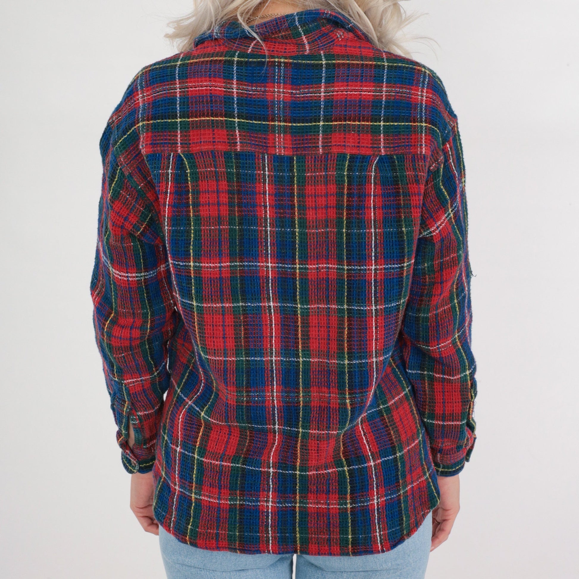 90s Boom Clothing Plaid Button Up Blouse Blue Red Checkered Cotton Small S