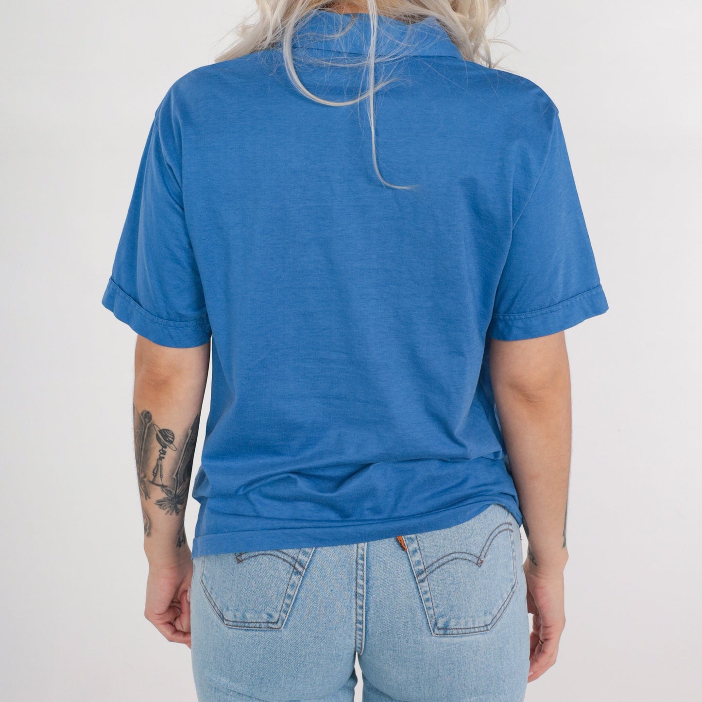 80s Blue Polo Shirt Cotton Button-Up Short Sleeve Collared Medium