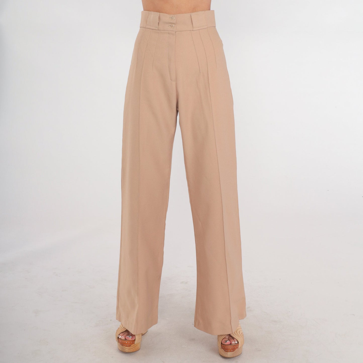 70s Tan Wide Leg High Rise Trousers Creased Straight Pants Extra Small
