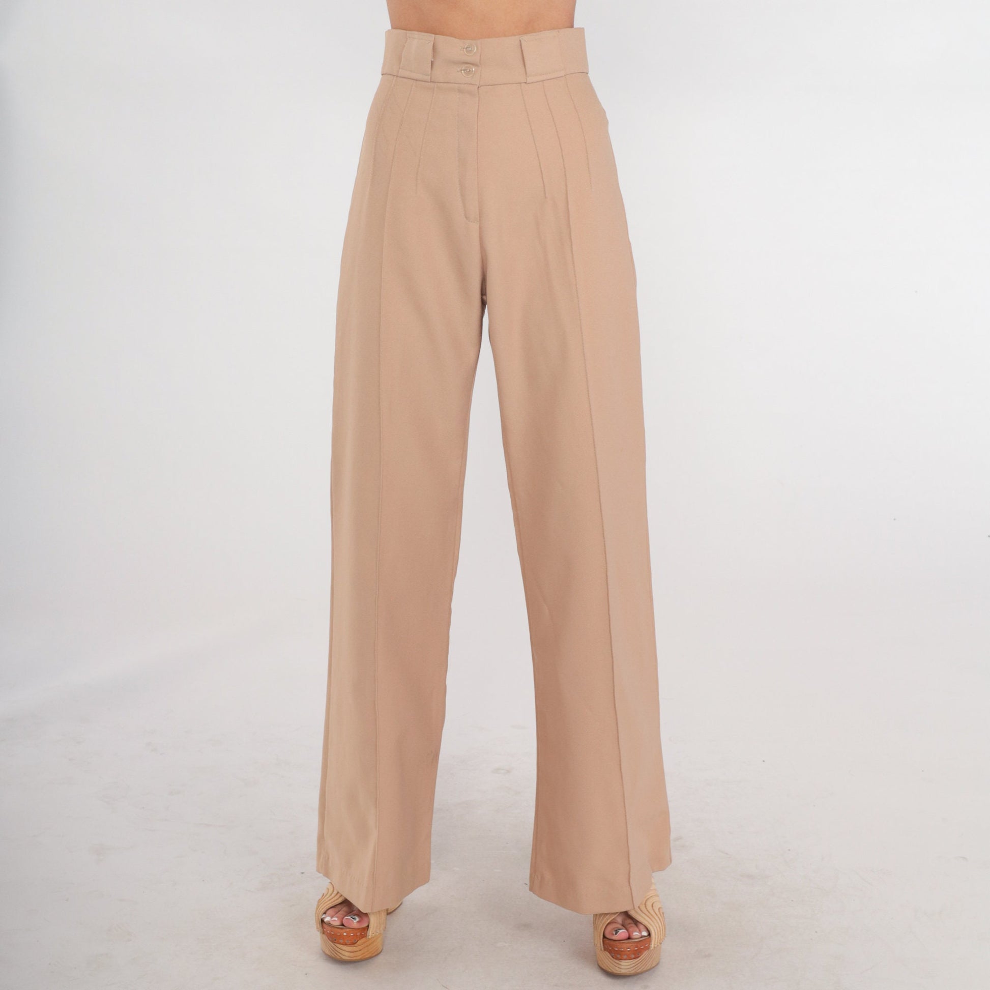 70s Tan Wide Leg High Rise Trousers Creased Straight Pants Extra Small