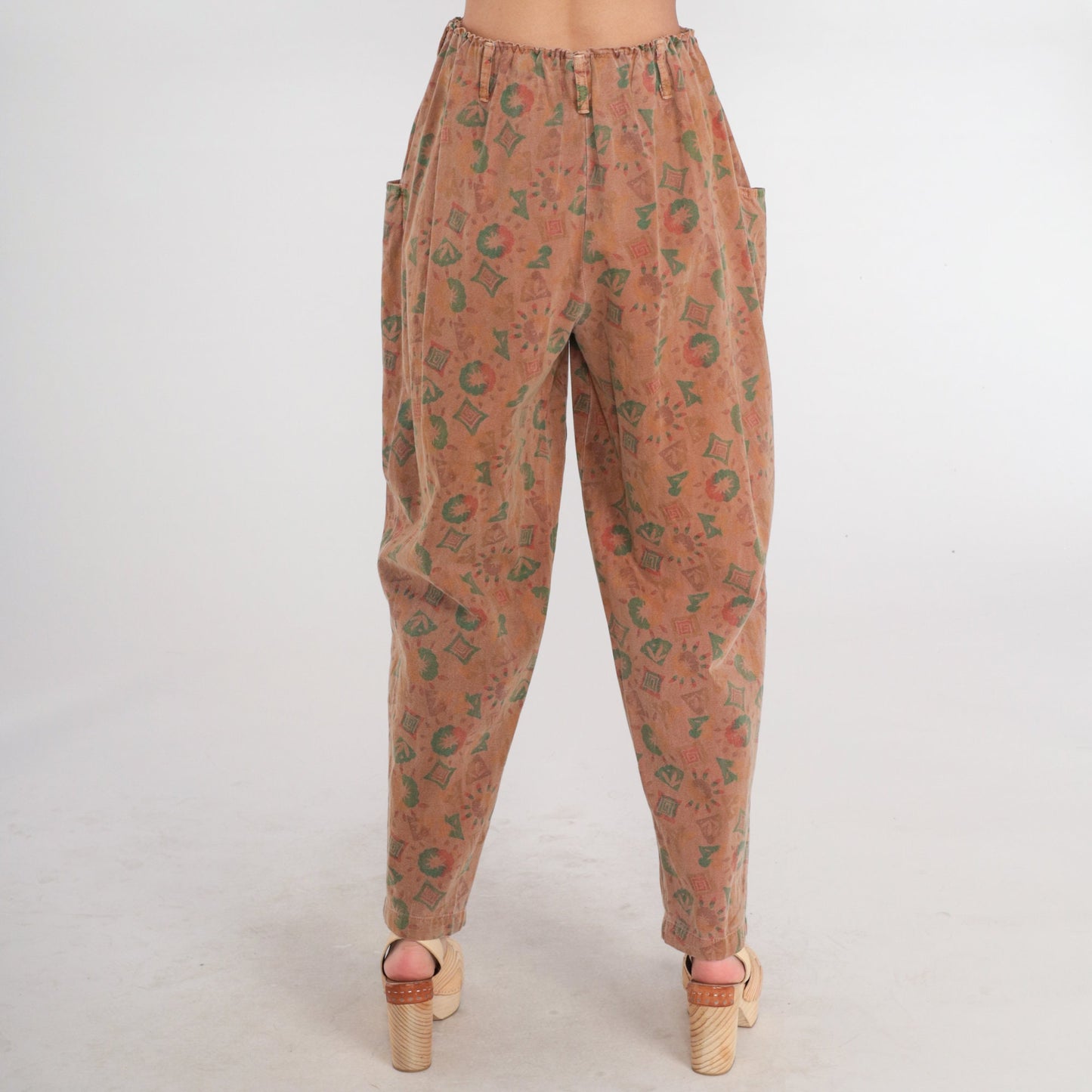 90s Parachute Pants Brown Geometric High Waist Baggy Tapered Small Medium