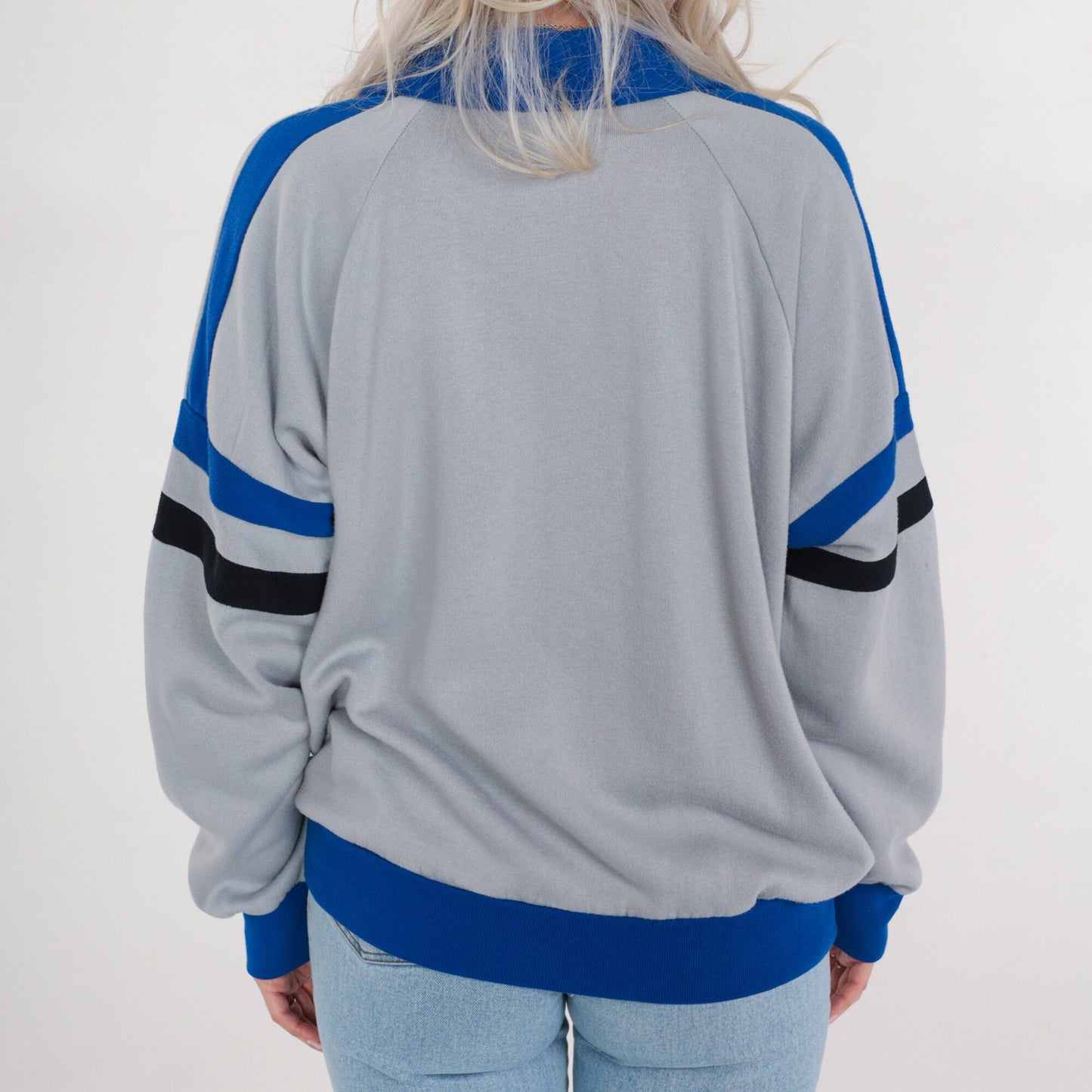 80s Grey Track Jacket Blue Black Striped Zip Up Sweatshirt Large