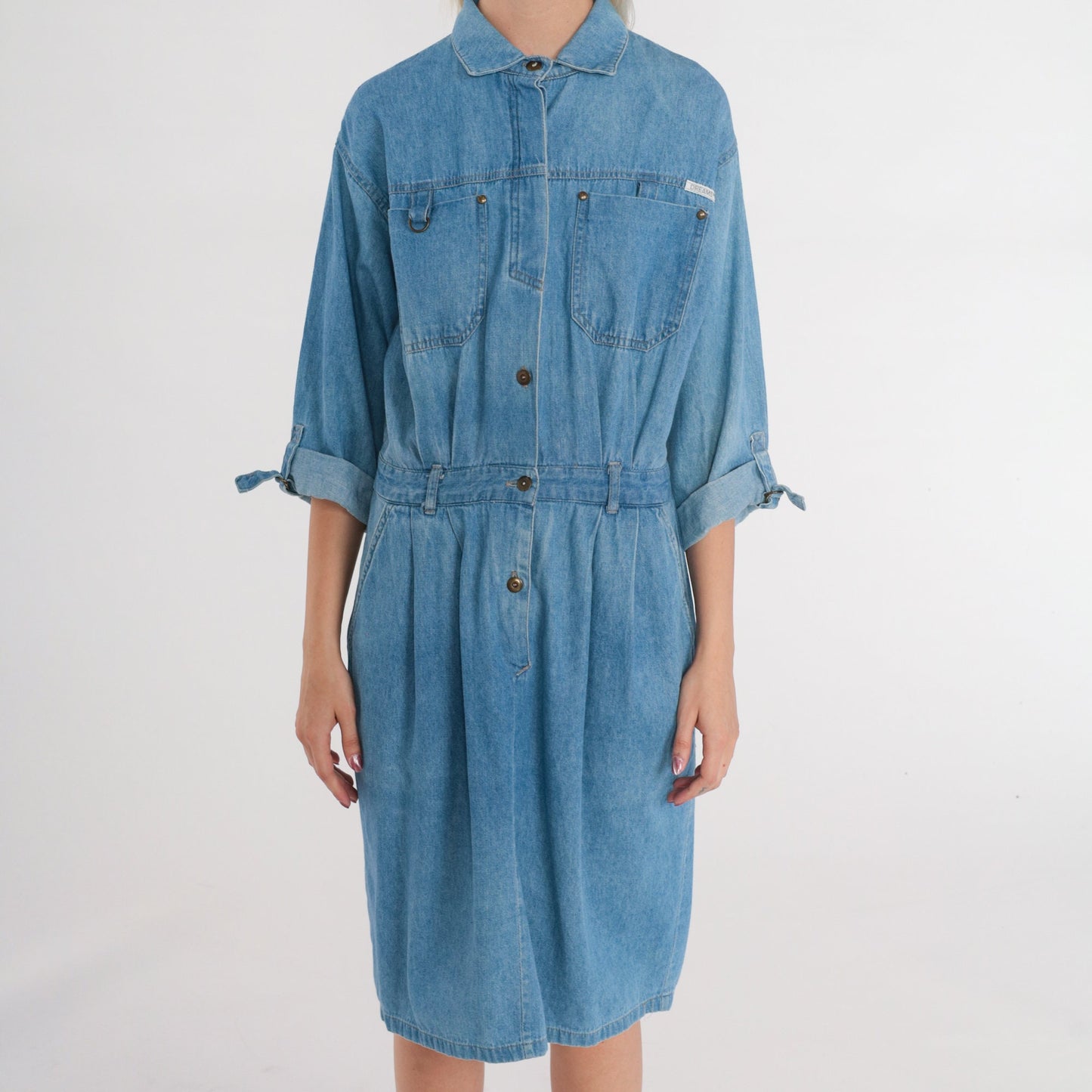 80s Dreams Blue Denim Button-Up Shirtdress Knee Length Cotton Medium