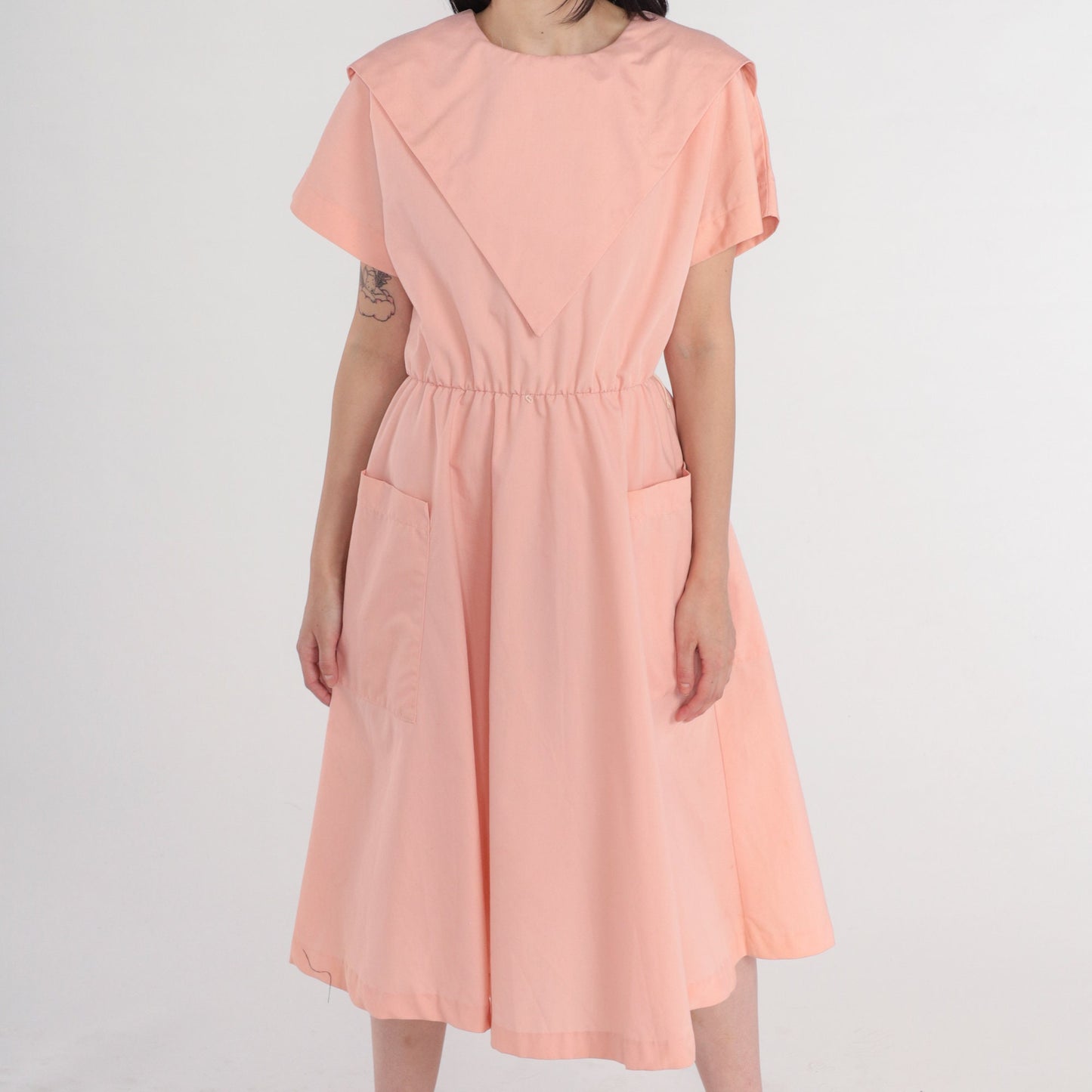 80s Pink Midi Dress High Waist Short Sleeve Pockets Medium M