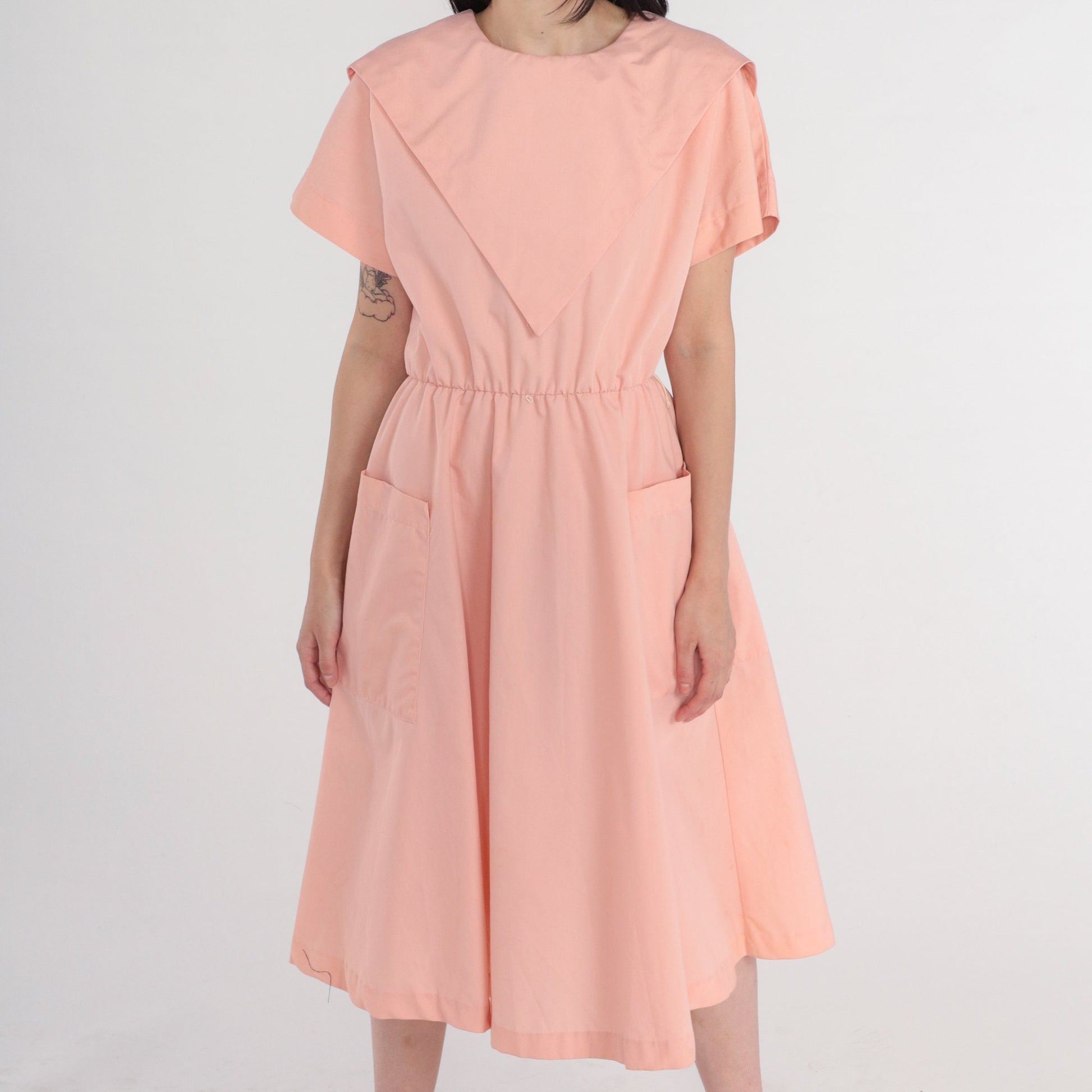 80s Pink Midi Dress High Waist Short Sleeve Pockets Medium M