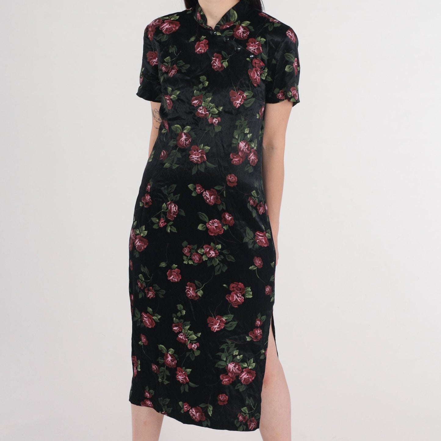 90s Jason Cody Cheongsam Midi Dress Black Floral Mandarin Collar Large