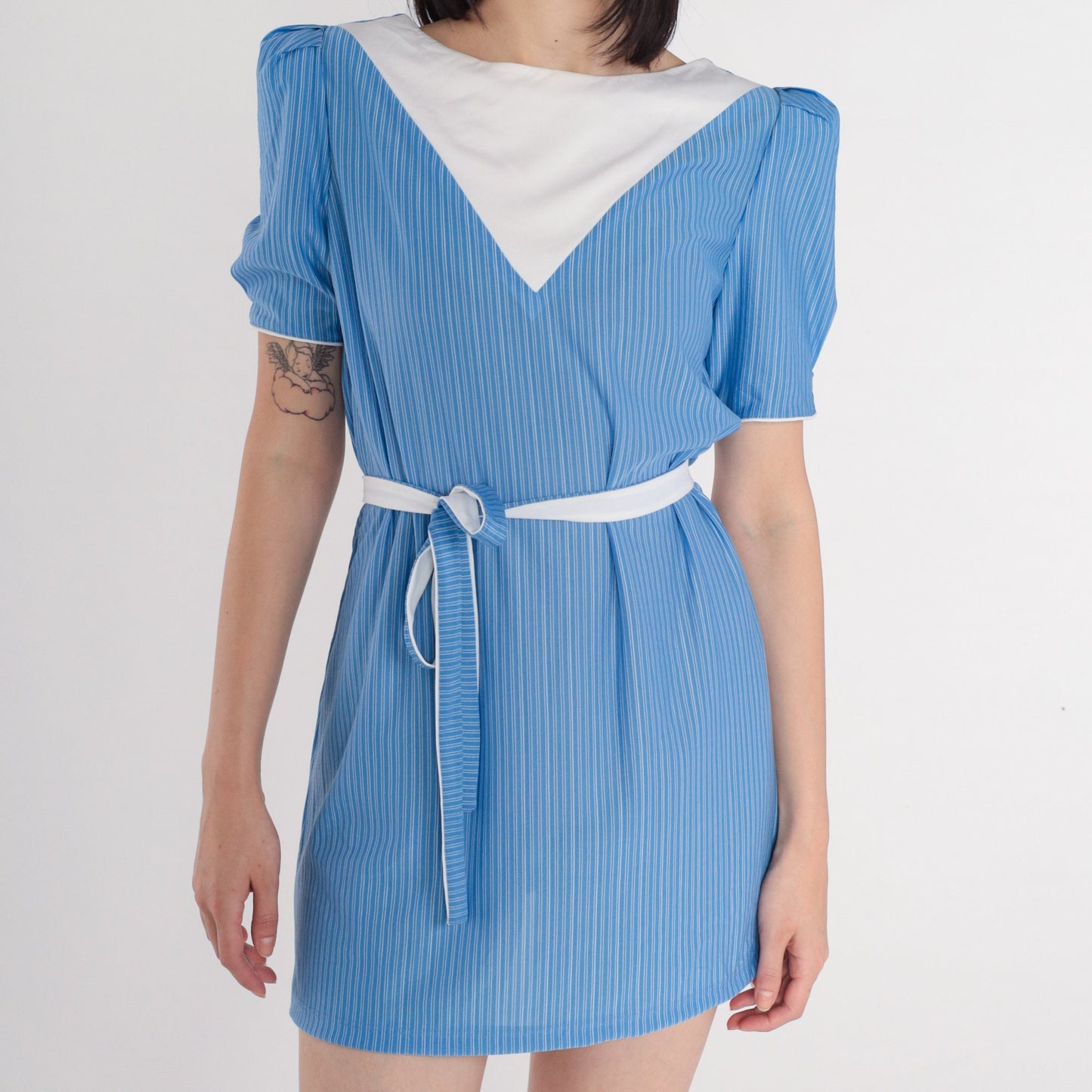 80s Blue Striped Mini Dress Puff Sleeve White Bib Tie Belt Medium